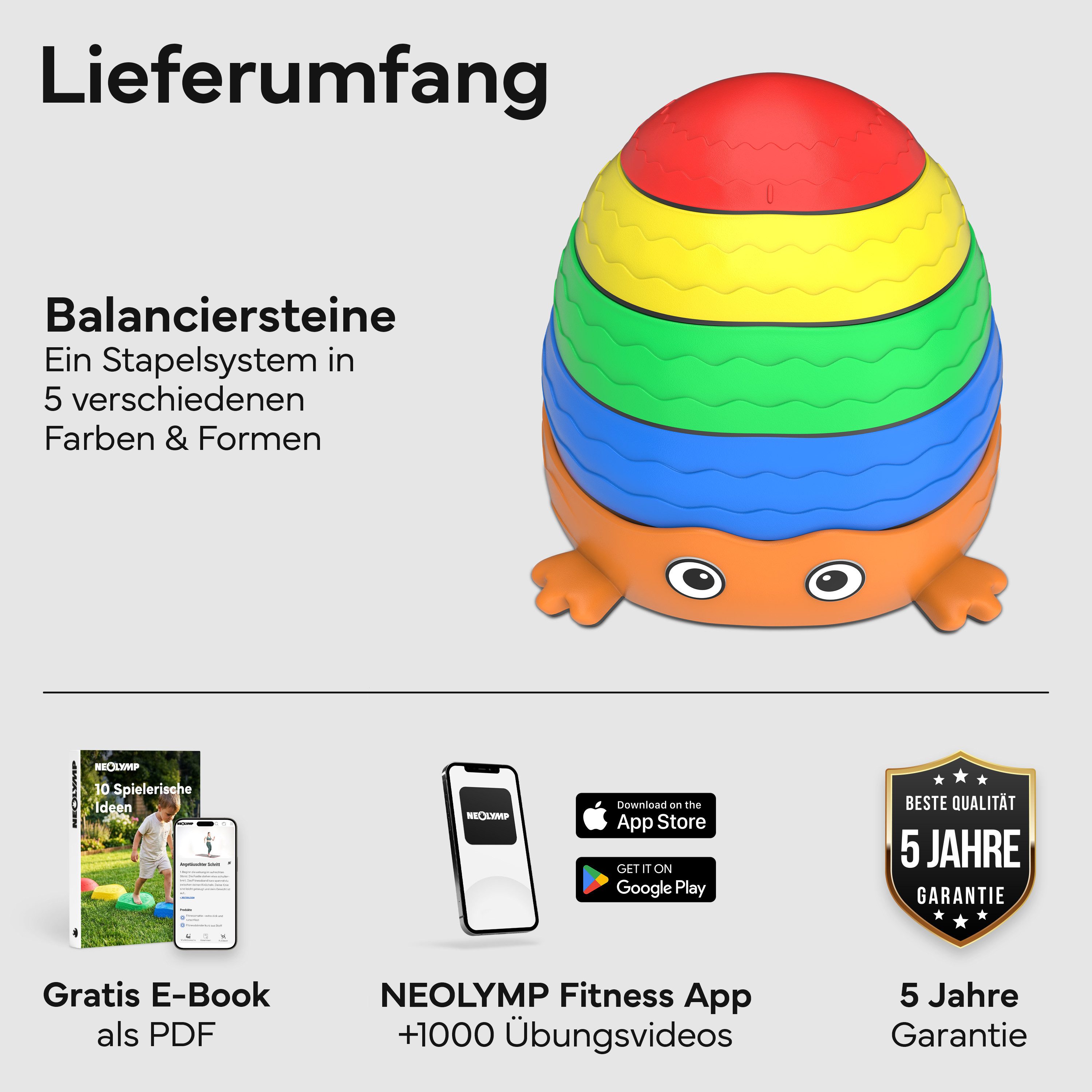 NEOLYMP Stapelspielzeug Kids Balanciersteine für Kinder 5er Set TÜV zertifizierte Stapelsteine, rutschfeste Trittsteine, Motorik Spielzeug für Balance & Koordination