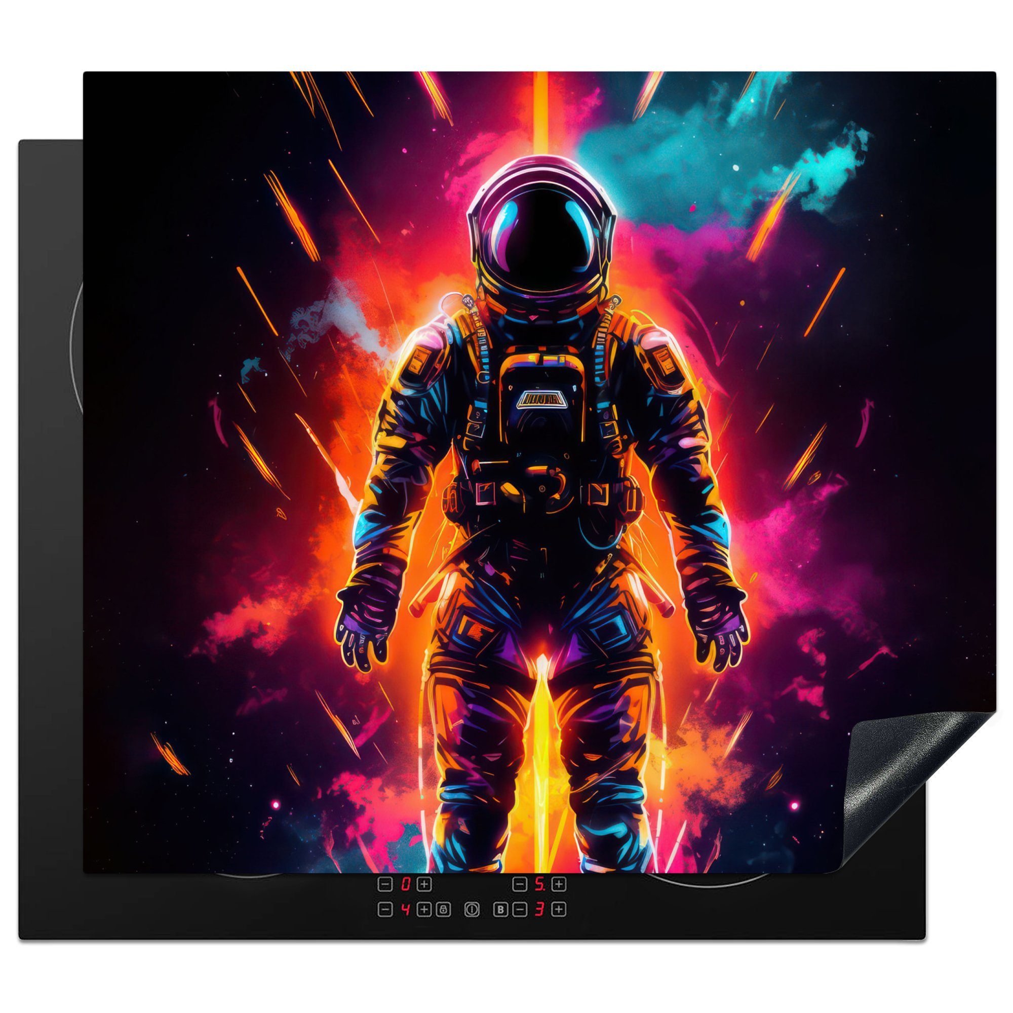 Herdblende-/Abdeckplatte - tlg), Neon 60x52 cm, - Vinyl, Arbeitsfläche Spiele Astronaut MuchoWow - Mobile Ceranfeldabdeckung Weltraum, nutzbar, (1