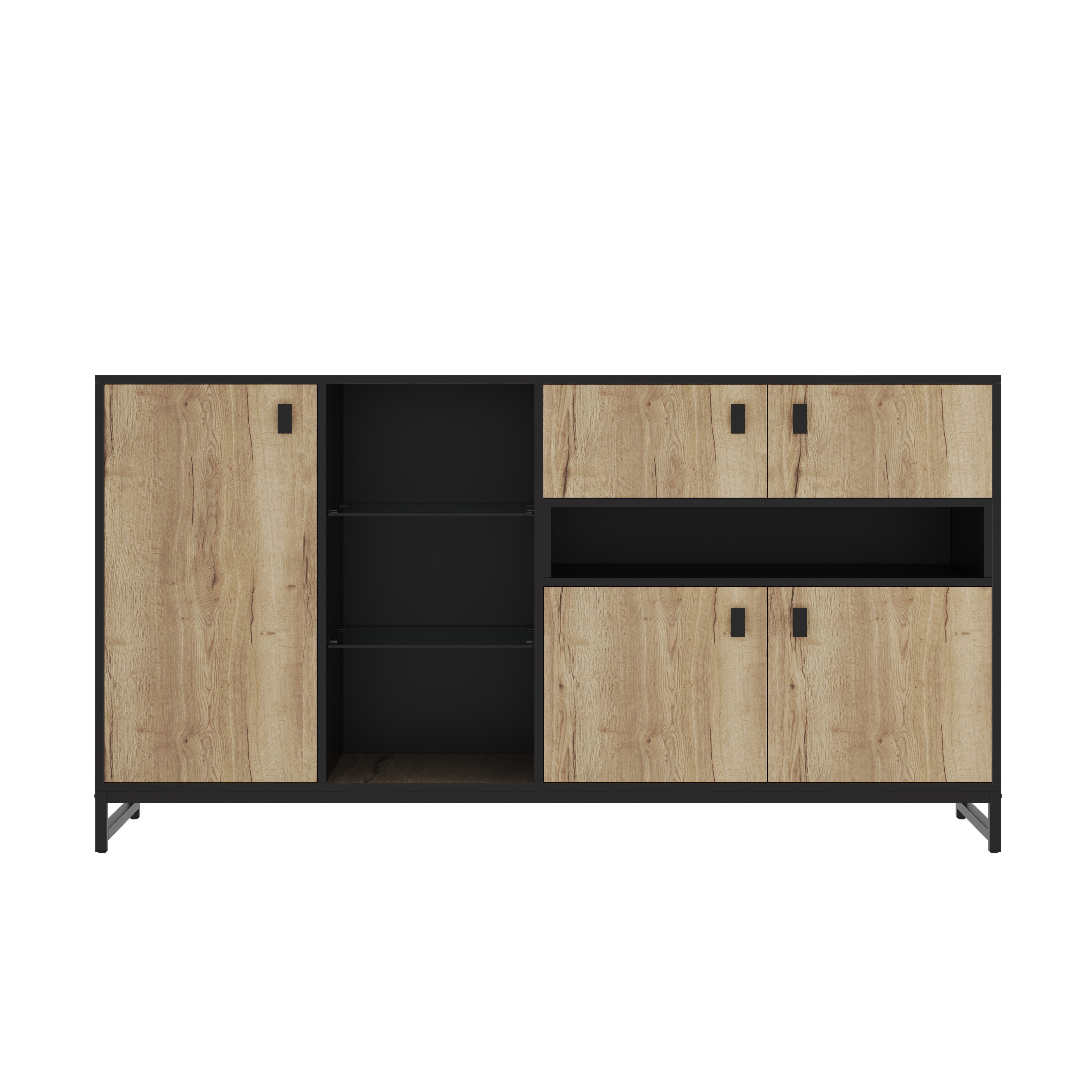 KLAM HOME Sideboard Moderner Minimalistischer Naturholz Aufbewahrungsschrank (Doppeltüren + Offenes Regal + Glasböden mit Verstellbaren Trennwänden), Vielseitiger Sideboard für Wohnzimmer Esszimmer Büro Homeoffice