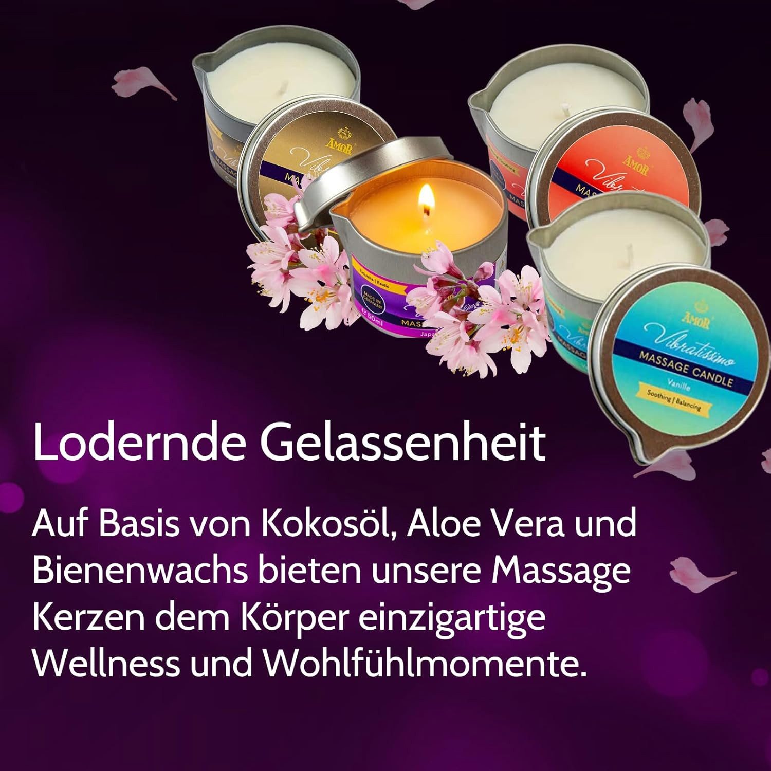 Vibratissimo Massagekerze Massage Candle Made in Germany, mit Ausgießer und verschiedenen Größen und Aromen