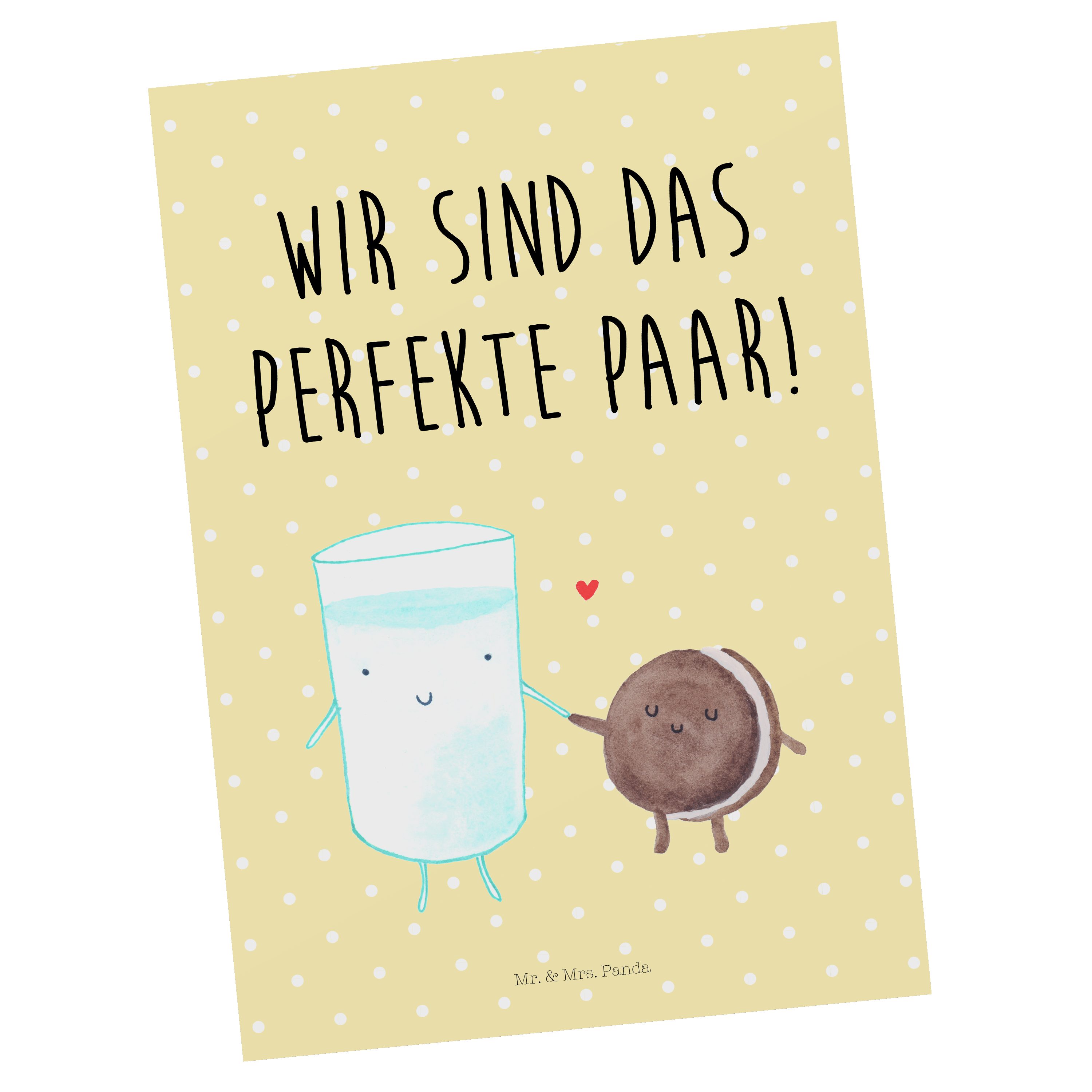 Mr. & Mrs. Panda Postkarte Milch & Keks - Gelb Pastell - Geschenk, romantisch, Ansichtskarte, Ti