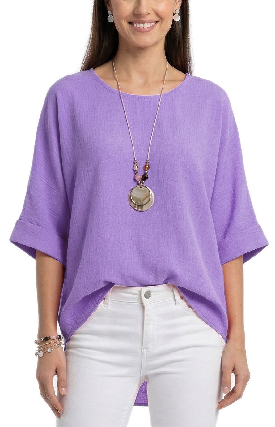 dy_mode Kurzarmbluse Damen Bluse Oversize Tunika Leichte Viskosebluse Oberteil Einfarbig in Unifarbe, High-Low Saum, mit passende Kette