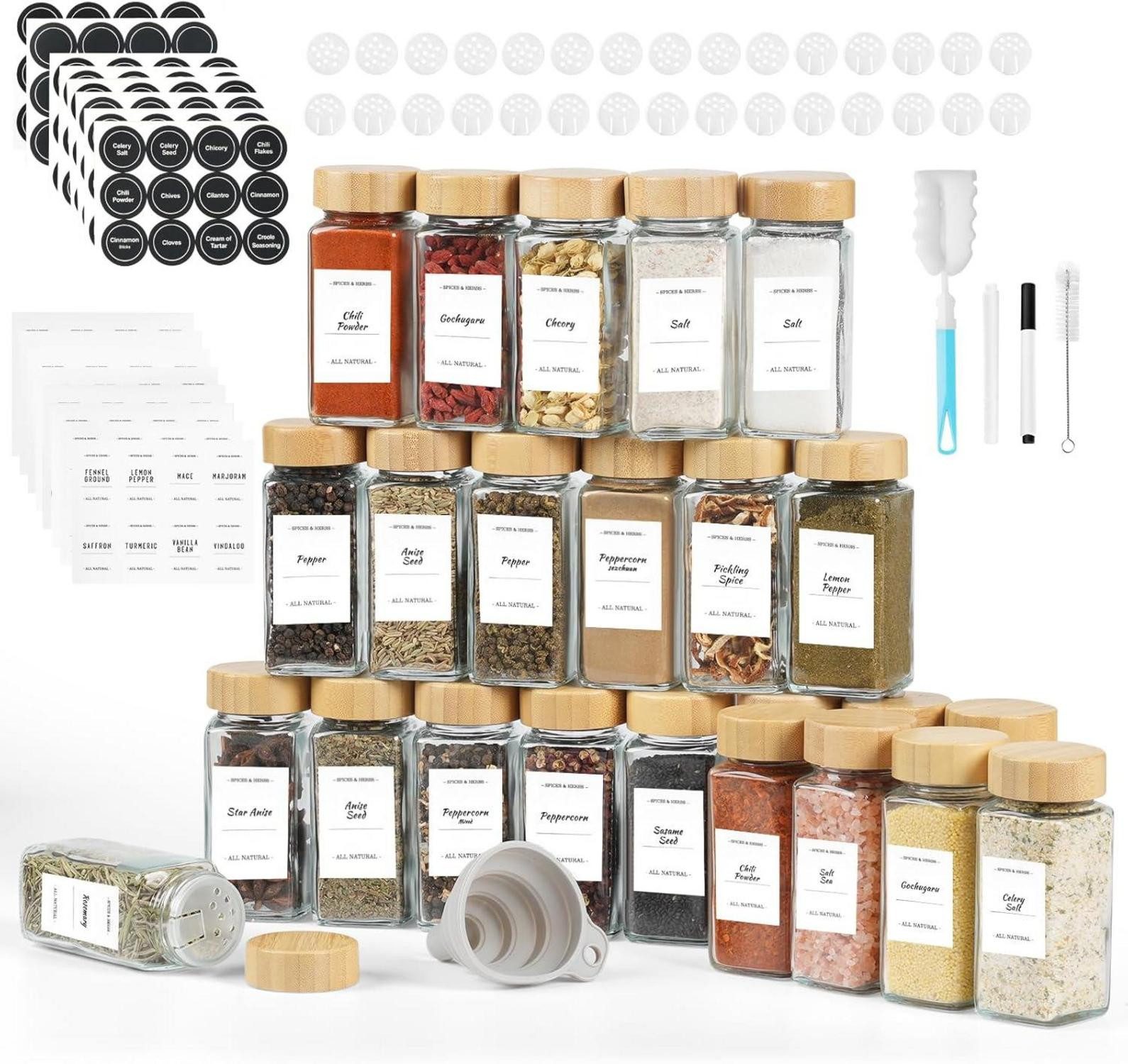 LuxusKollektion Gläser-Set Gewürzgläser Eckig Holzdeckel 24er Set 120ml Aufbewahrung Küche Pinsel