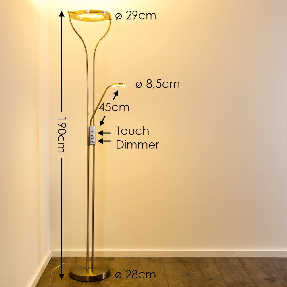 hofstein Deckenfluter »Giralba« dimmbare Stehleuchte aus Metall in Nickel-matt, 3000 Kelvin, m. verstellbarem Lesearm, 2070 Lumen