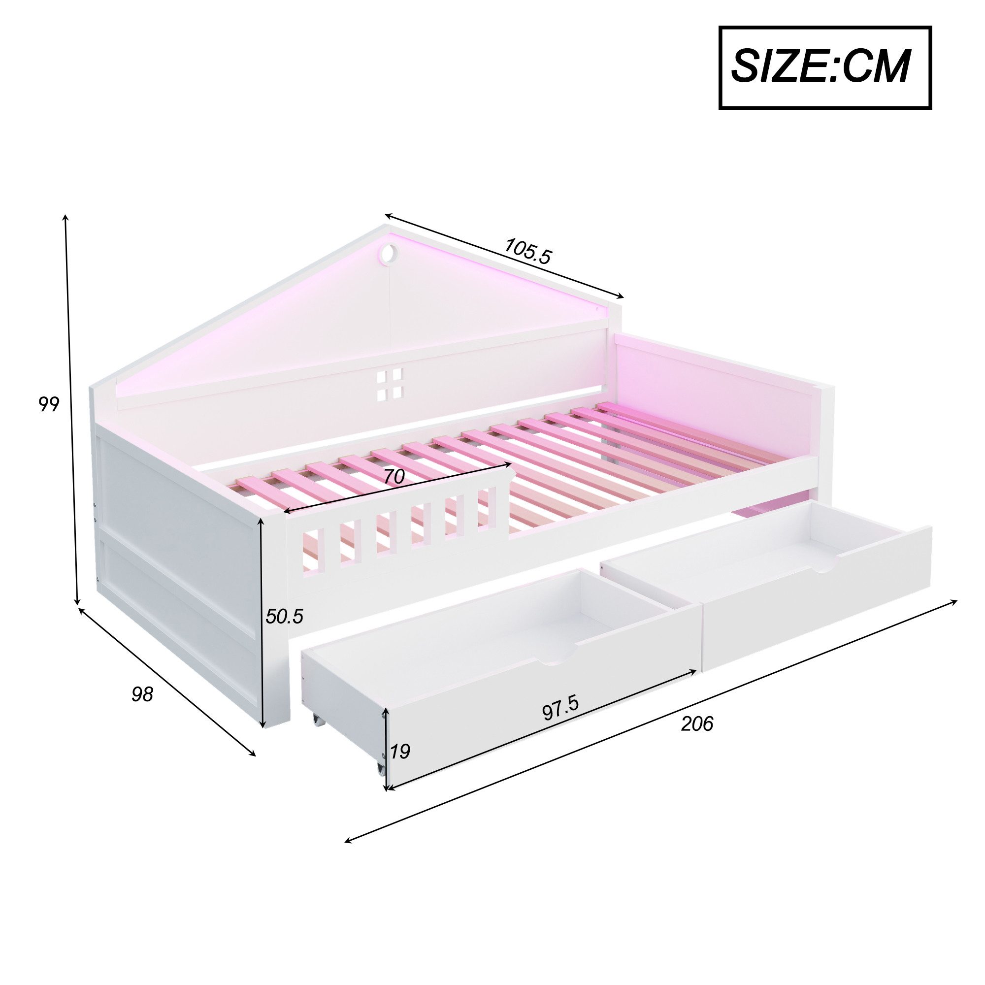 Merax Kinderbett 90×200cm mit LED-Lichtleiste (1-tlg), Jugendbett mit 2 Schubladen & Lattenrost, Kiefer Jugendbett Einzelbett – Bild 5 von 5