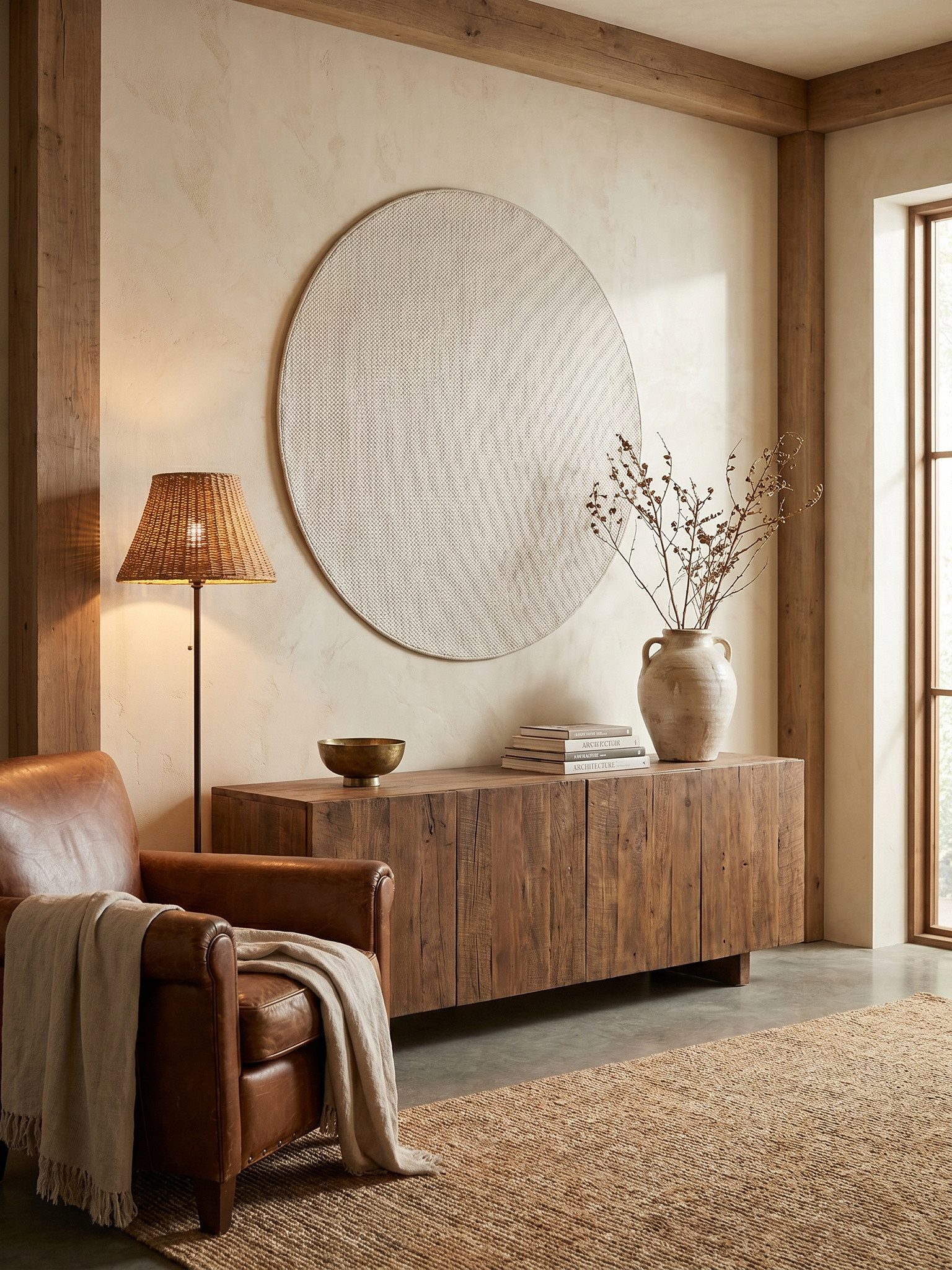 KADIMA DESIGN Teppich LANGAU Flachgewebe Kurzflor Berber Uni Meliert Wohnzimmer Pflegeleicht, Rund, Höhe: 7 mm, Creme, 200x200 cm, Saugroboter OEKO-TEX Fußbodenheizung