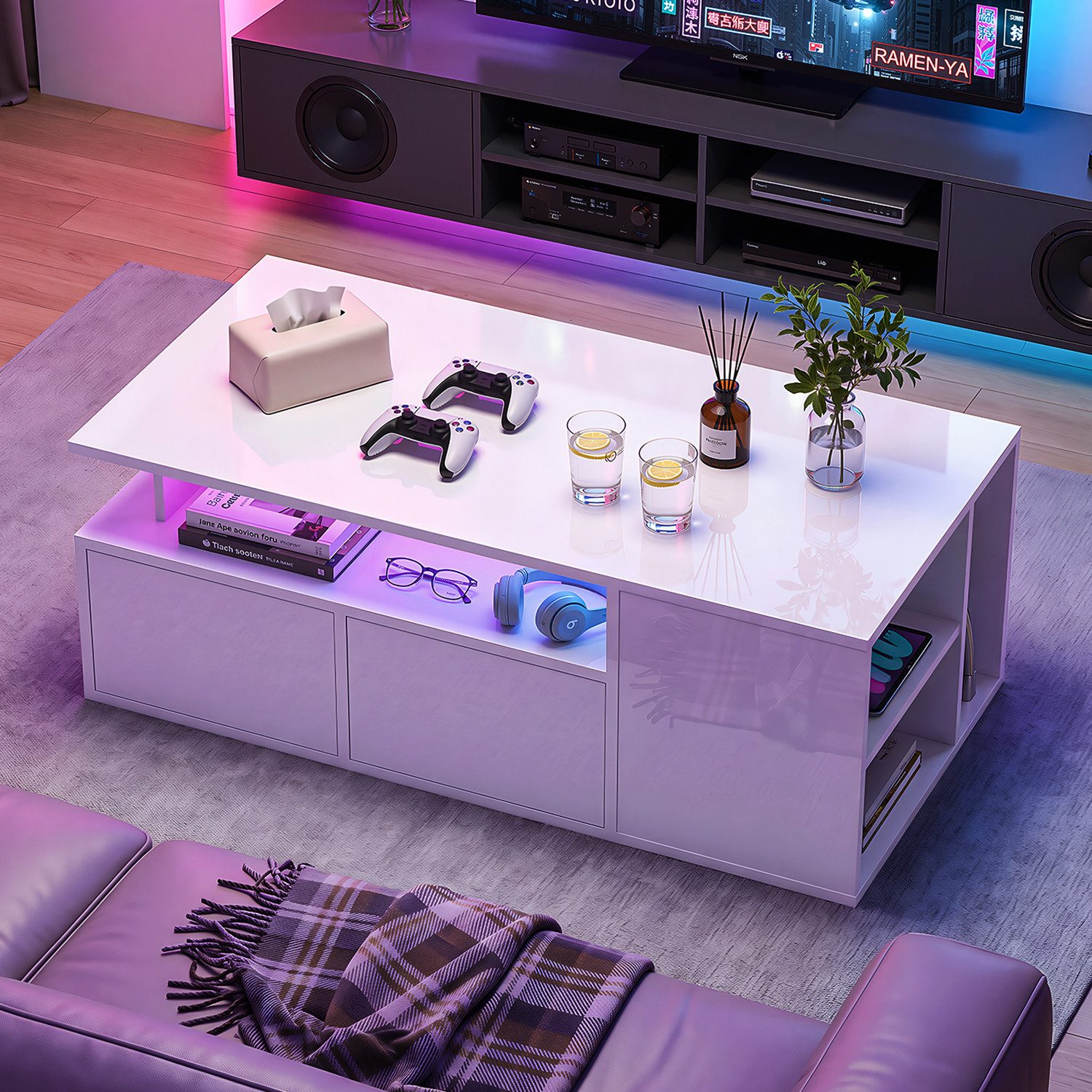 oyajia Couchtisch Wohnzimmertisch Hochglanz mit LED Beleuchtung & Fernsteuerung APP (Bluetooth-Fernbedienung.App-Steuerung, offenen Fächern,stabil, pflegeleicht – Bild 4 von 5
