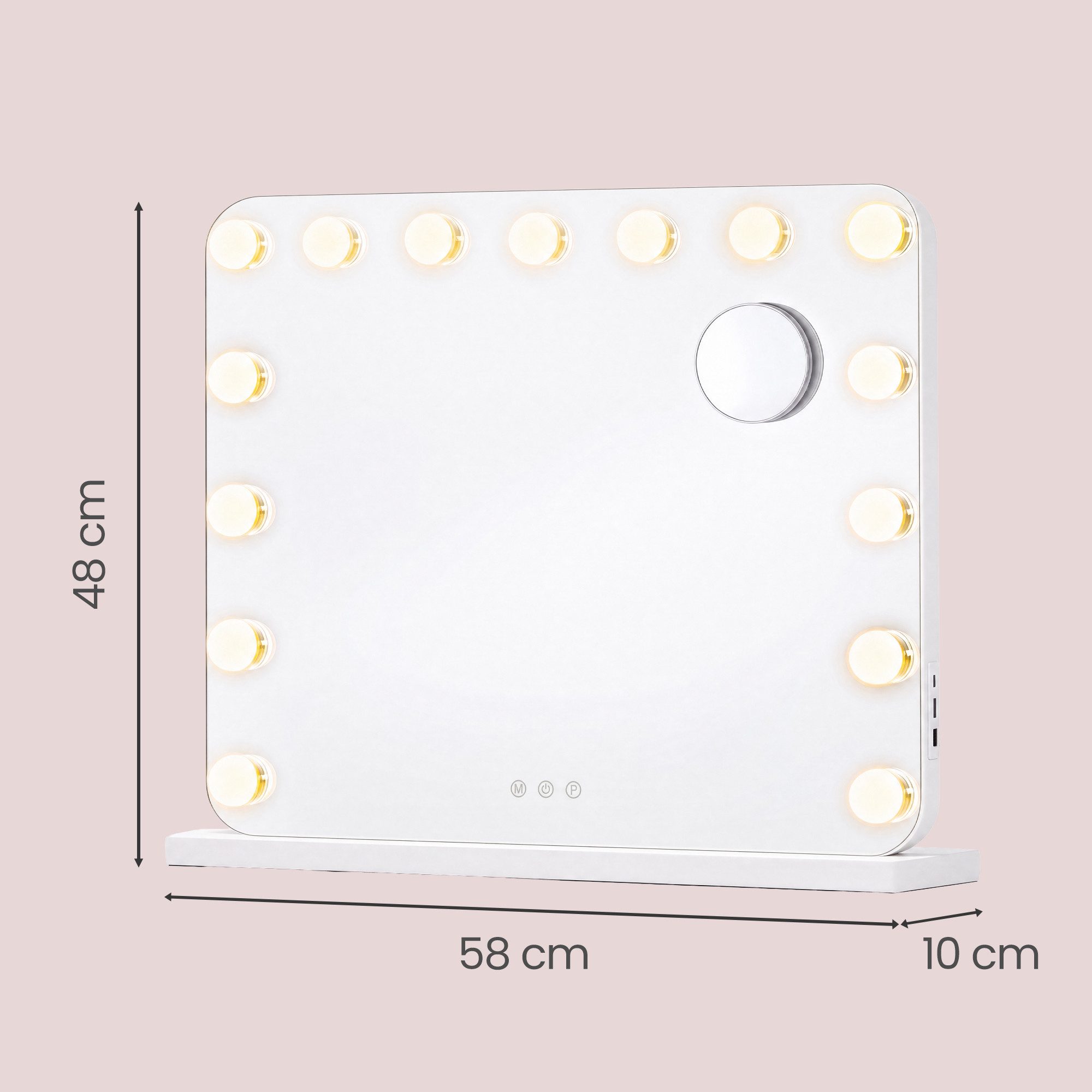 SONGMICS Spiegel Schminkspiegel mit Beleuchtung, 3 Lichtfarben, 10x Vergrößerung, 15 LEDs, 48 x 58 x 5,7 cm, Weiß