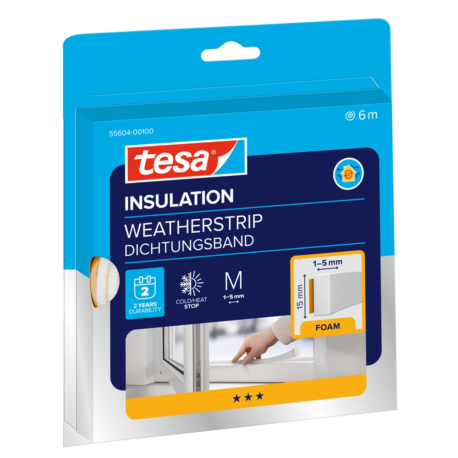 tesa Dichtungsband INSULATION Dichtungsband M - Schaumstoffdichtung, (Packung, 1-St., Dichtungsband M weiß - 6 m x 15 mm x 5,5 mm), zum Isolieren von Spalten im Haushalt, selbstklebend