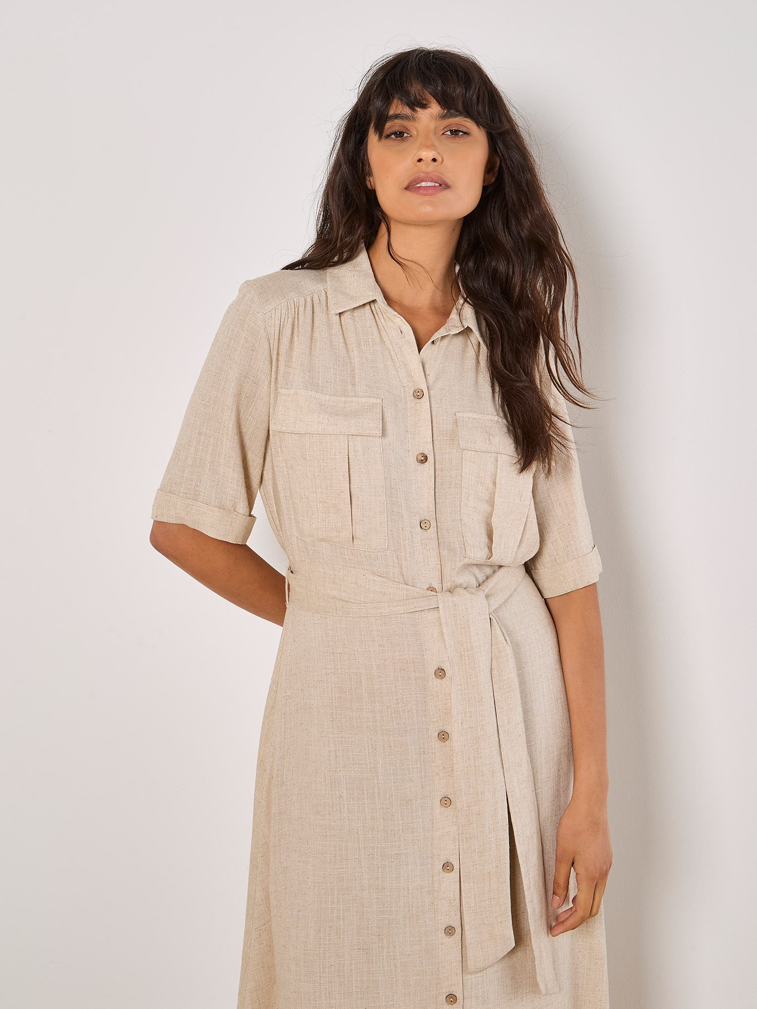 Apricot Hemdblusenkleid Leinen-Hemdblusenkleid mit Brusttaschen