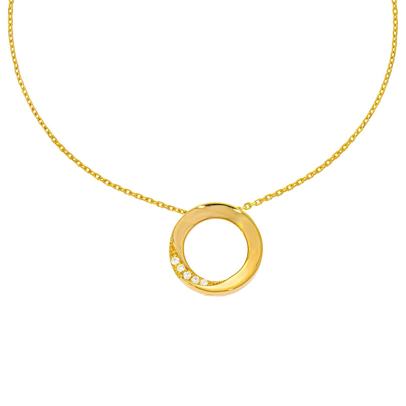 Stella-Jewellery Collier 585 Gold Kette mit Kreis Anhänger Zirkonia Model 2  (inkl. Etui), 585 Gelbgold 7 Plättchen