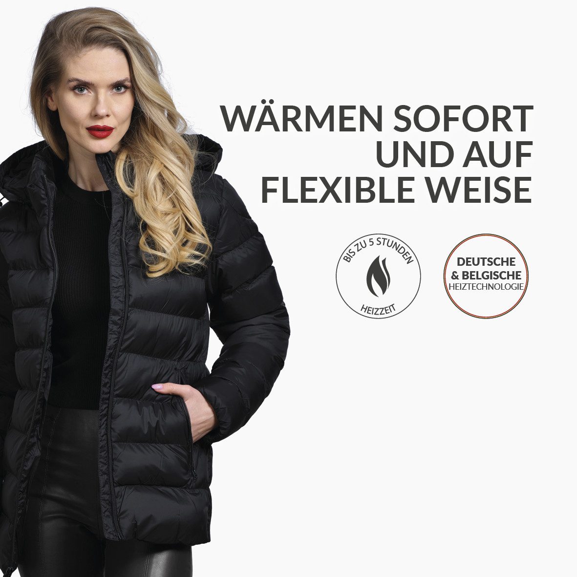 30seven Winterjacke beheizte Steppjacke mit verstellbarer Kapuze - Schwarz 7,4V Set inkl. Powerbank & Ladegerät