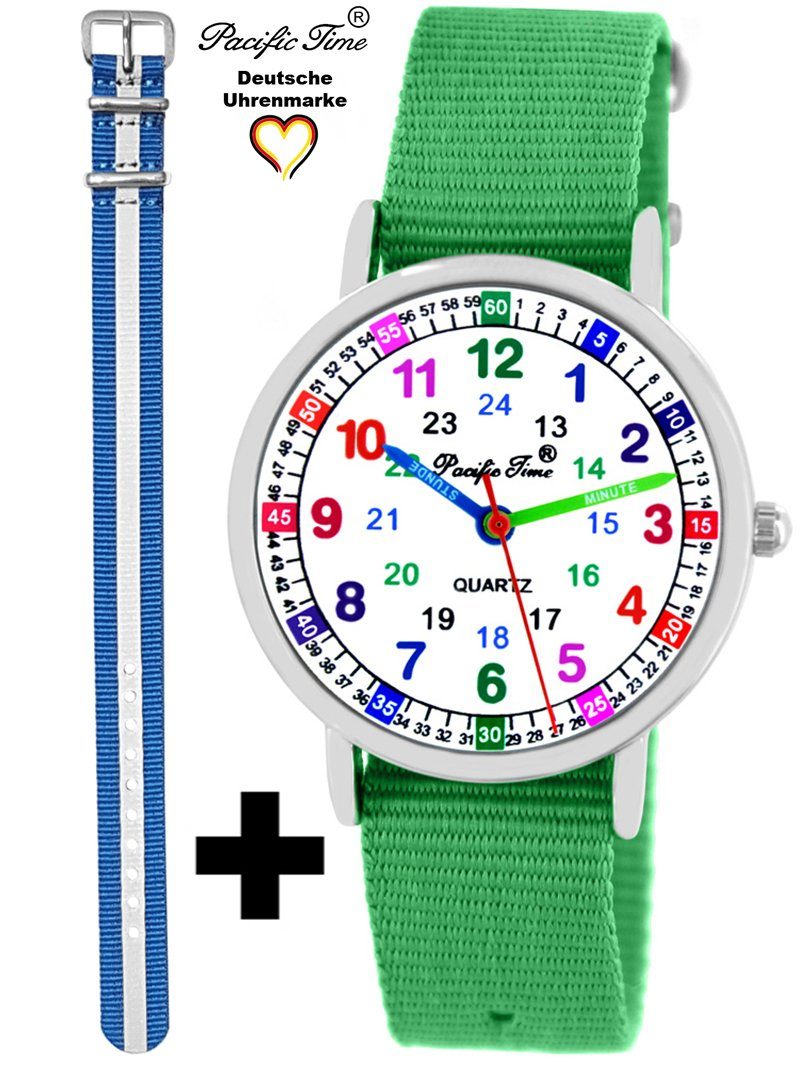 Pacific Time Quarzuhr Set Kinder Armbanduhr Lernuhr Wechselarmband, Mix und Match Design - Gratis Versand grün und Reflektor blau