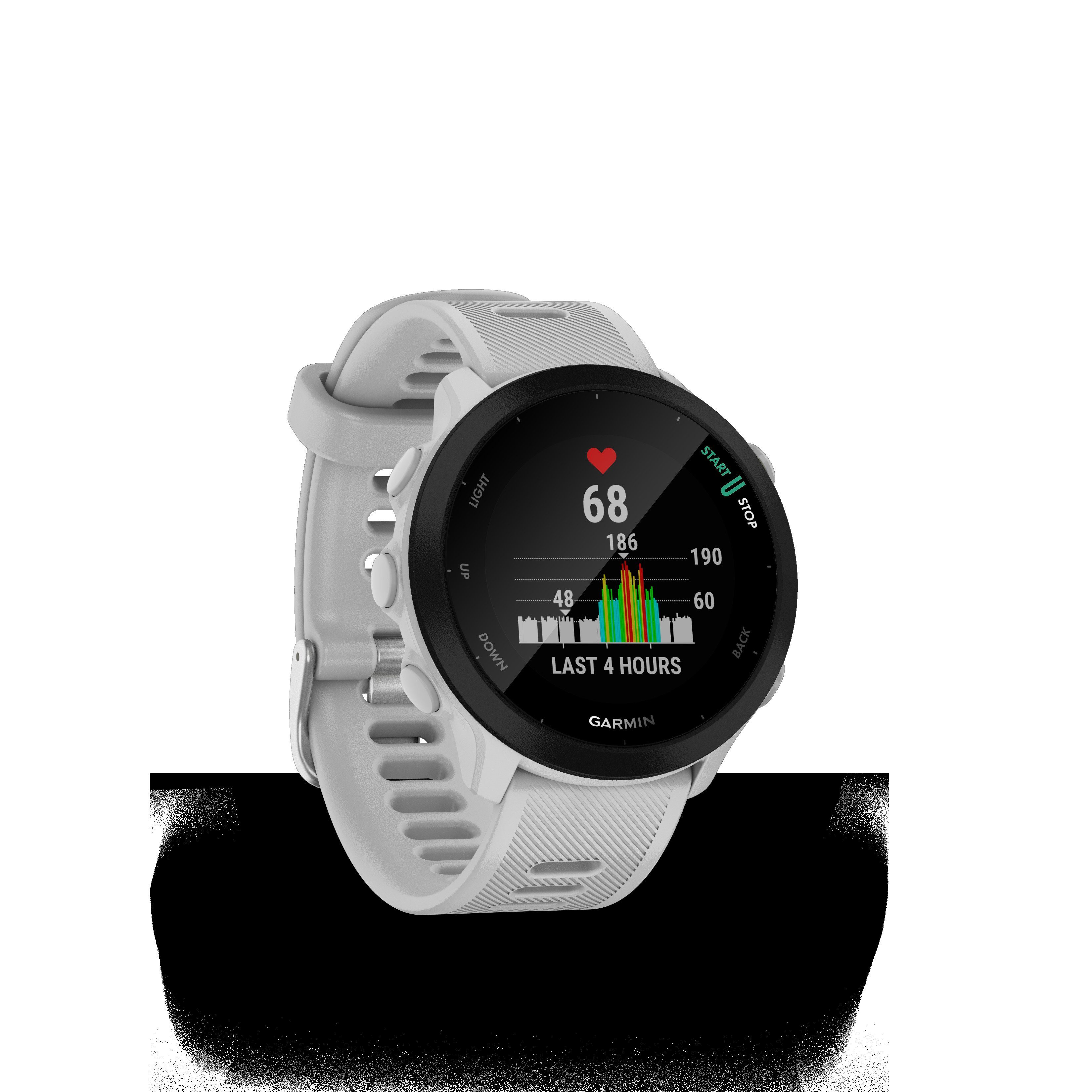 Weiß GPS-Laufuhr Garmin schwarz/weiß (2,64 | cm/1,04 FORERUNNER Multisport- Zoll, Smartwatch 55 Garmin),
