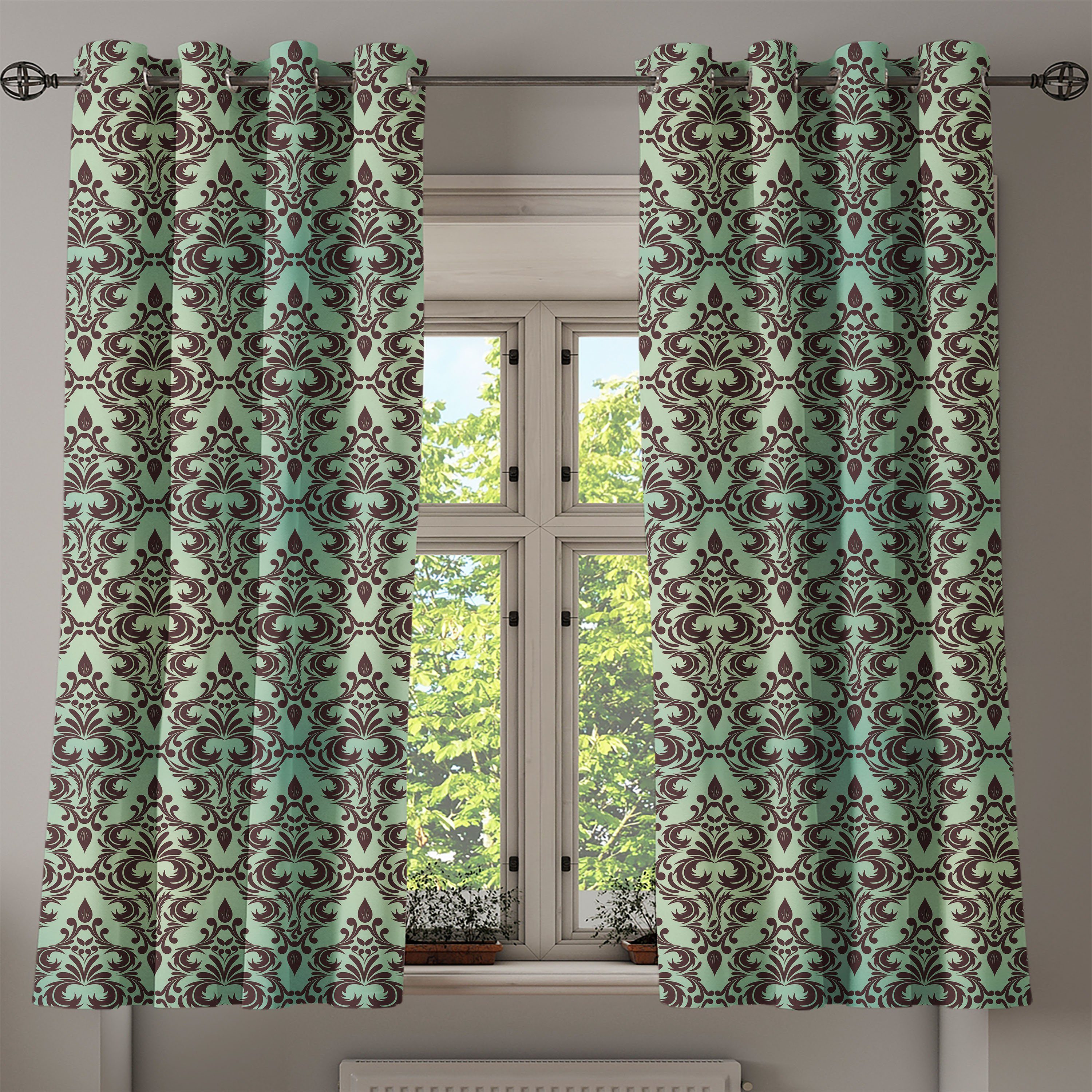2-Panel-Fenstervorhänge Barock für Abakuhaus, Schlafzimmer Floral Wohnzimmer, Brown und Mint Dekorative Gardine