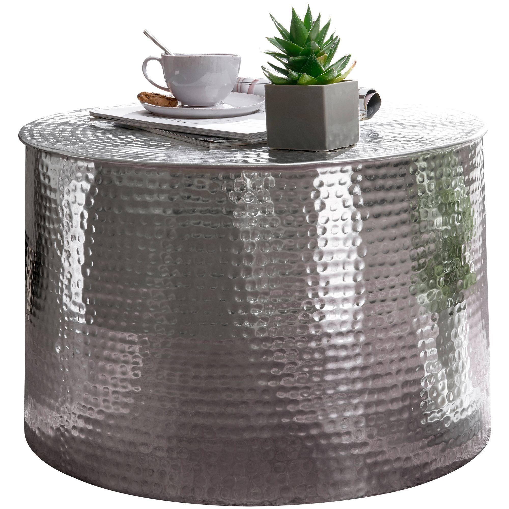 Wohnling Couchtisch WL5.481 (61x40,5x61 cm Aluminium Hammerschlag Silber Rund), Kleiner Wohnzimmertisch, Sofatisch Orientalisch