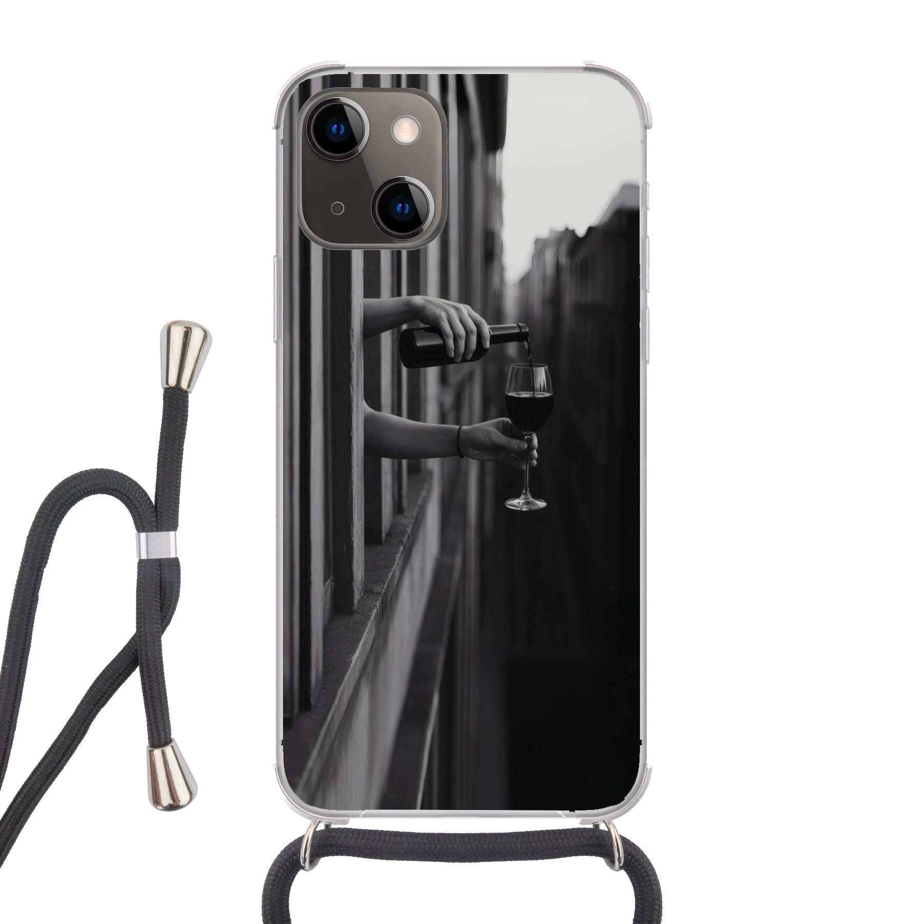 MuchoWow Handyhülle für Apple iPhone 13 Weinflasche - Glas - Hände - Fenster, Tragbare Handyhüllen mit Kette zum umhängen, Handykette Handyband
