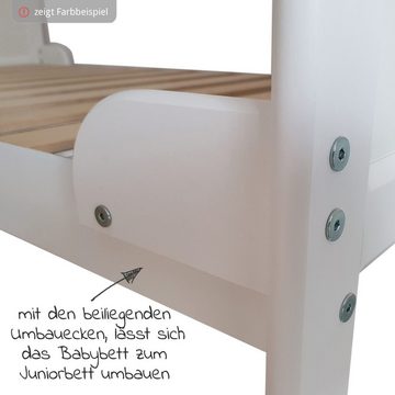 jonka Babybett Moritz - Weiß Grau, Kinderbett 70 x 140 cm - umbaubar zu Juniorbett mit Schlupfsprossen