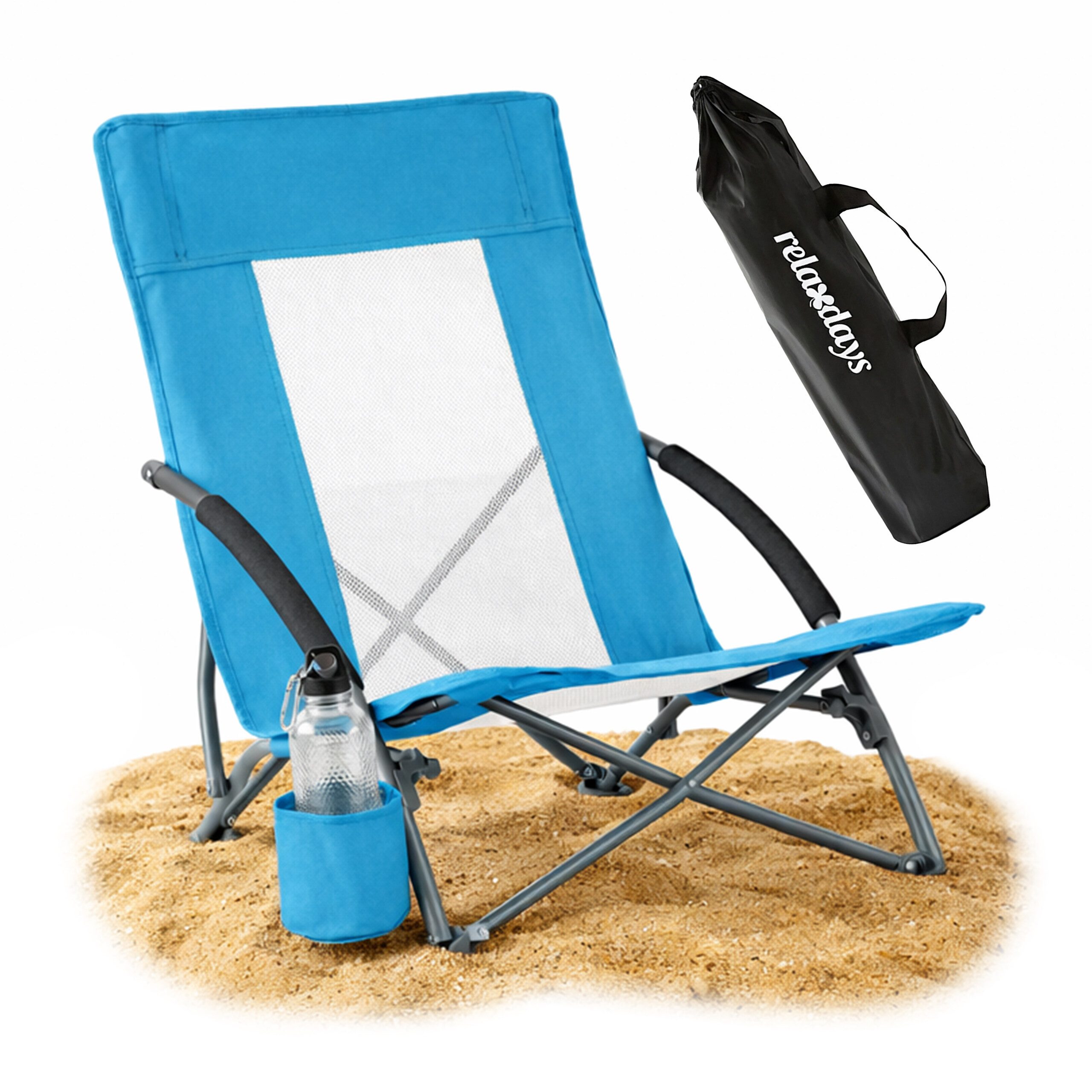 relaxdays Campingstuhl Faltbarer Strandstuhl mit Getränkehalter, blau