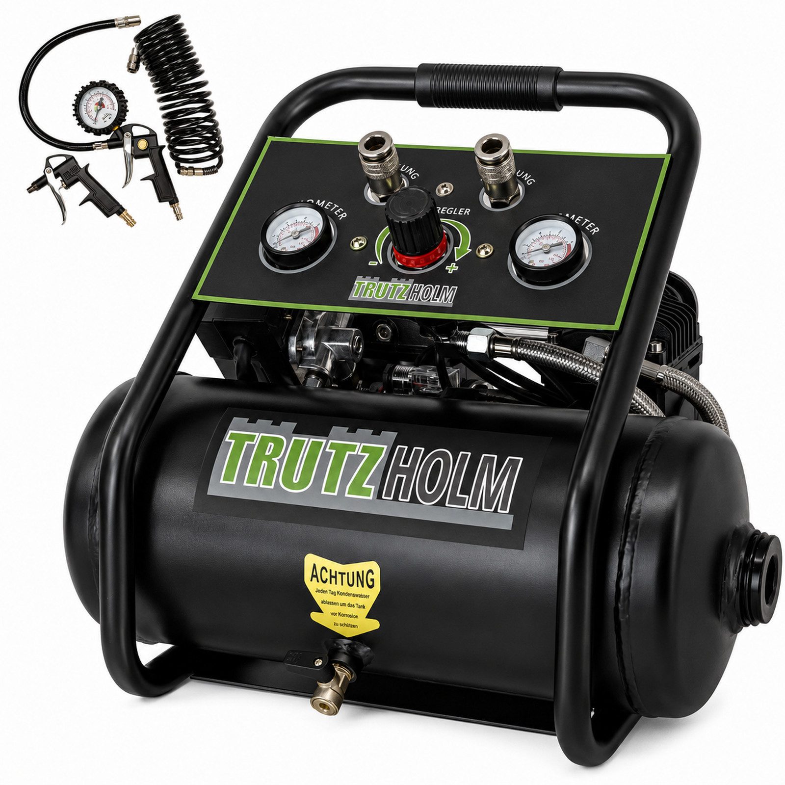 TRUTZHOLM Kompressor Brushless Silent Flüsterkompressor 9L – 900 W,62dB,8 bar inkl. Zubehör, max. 8 bar, 9 l, Komplett-Set