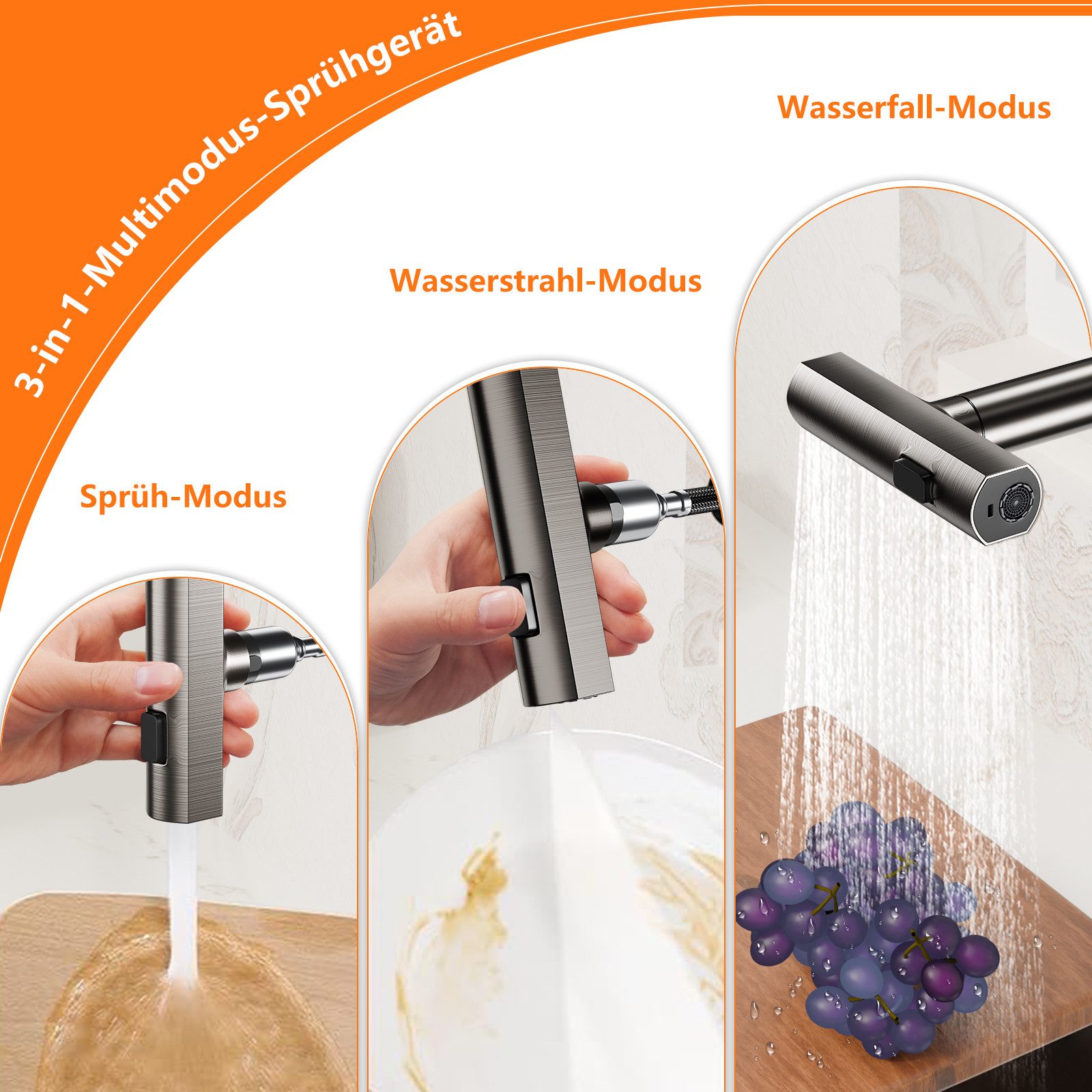 Rayofi Küchenarmatur Ausziehbar , mit Drei Strahlarten Spültischarmatur Küc günstig online kaufen