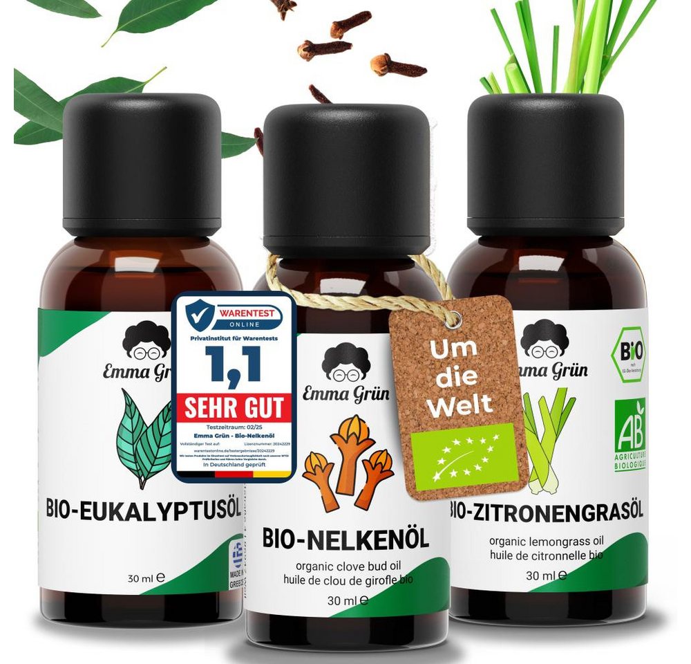 Emma Grün Duftöl um die Welt Maxi-Set mit 3 besonderen Bio Ölen (Maxi-Set, 1x Eukalyptus- 30 ml, 1x Zitronengras- 30 ml, 1x Nelkenöl 30 ml), Höchste Bio-Zertifizierung als Lebensmittel, naturrein & ohne Zusätze