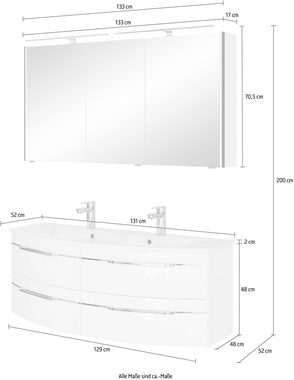 Saphir Badmöbel-Set Badezimmer-Set 133,2 cm breit, inkl. Türdämpfer, 3 Türen, 4 Schubladen, (Set, 2-St), Serie 7045 2-teilig Mineralmarmor-Doppelwaschtisch, LED-Spiegelschrank