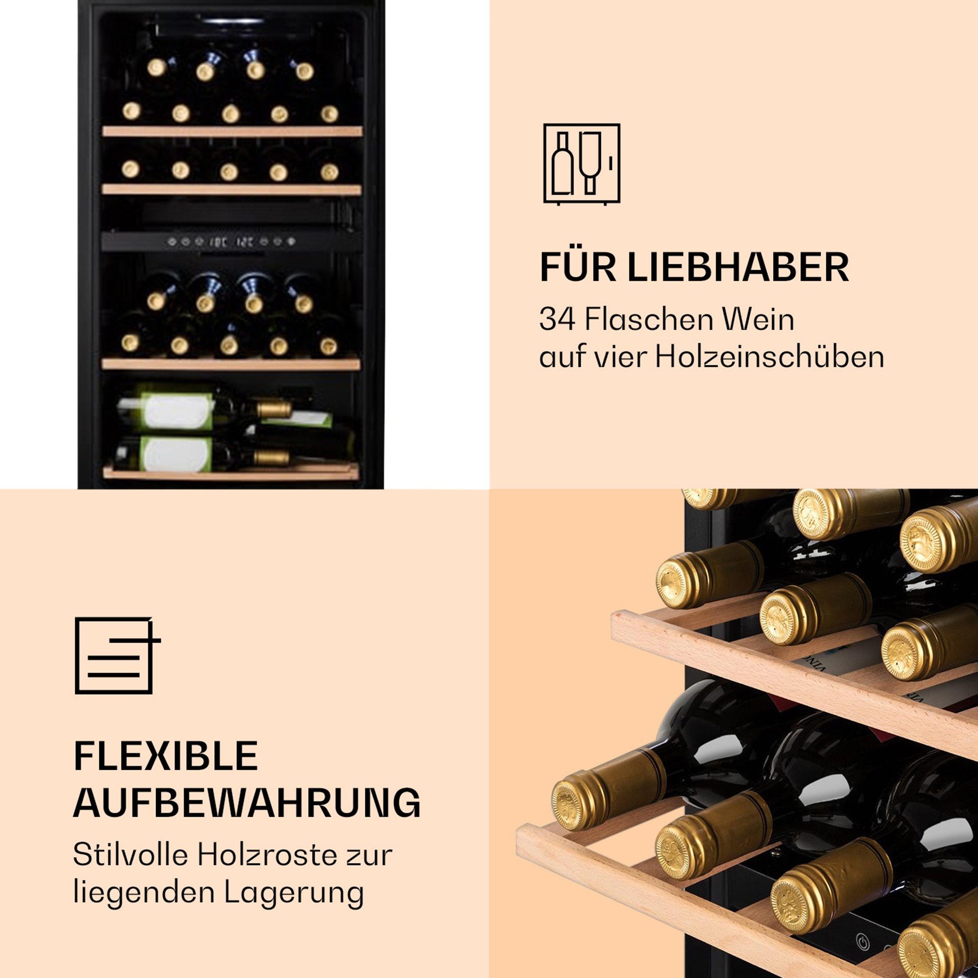 Klarstein Weinkühlschrank Barossa 34 Duo Weinkühl 2 Zonen 34 Fl 80L 5-12/12-18°C Touch 40 dB, für 34 Standardflaschen á 0,75l,2 Zonen Wein Flaschenkühlschrank Weintemperierschrank Weinschrank