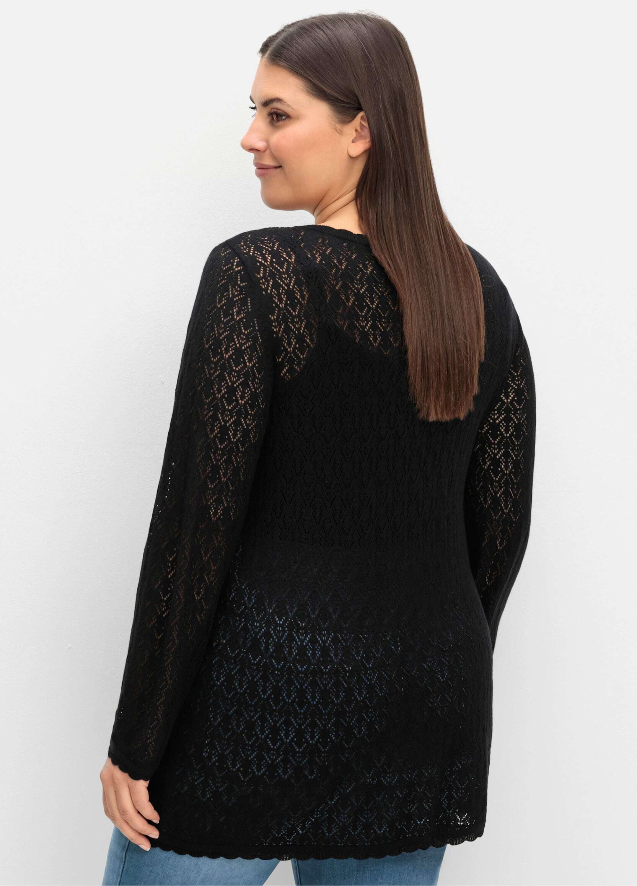 Sheego Strickpullover V-Ausschnitt-Pullover Langarm aus Ajourstrick, in lei günstig online kaufen