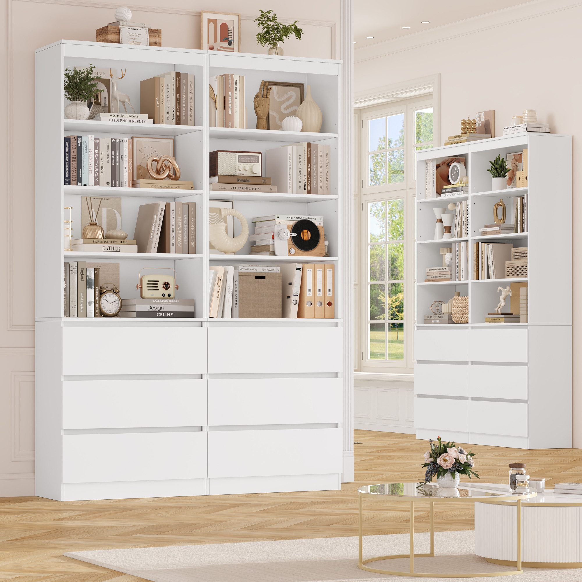 Homfa Bücherregal Hochschrank Standregal Bücherschrank Raumteiler, mit 4 Fächern und 3 Schubladen, 60x35x202cm