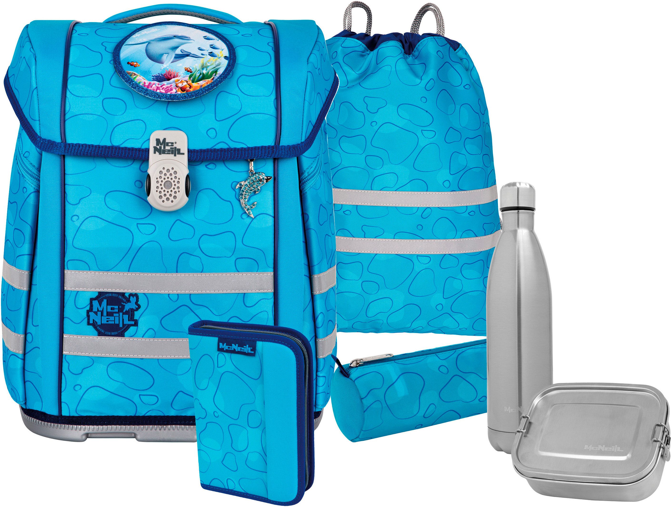 McNeill Schulranzen Perfecto, Bubble (Set, 5-tlg), inkl. Federmäppchen, Turnbeutel, Schlamperrolle & Motivmagnet