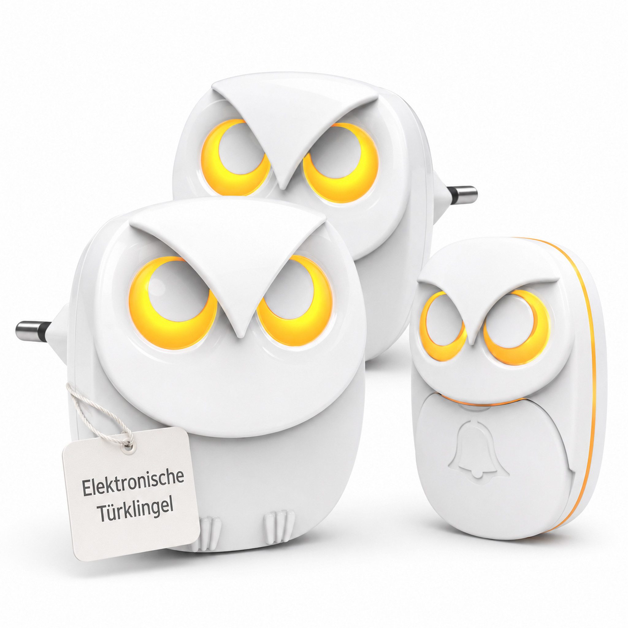 HS.SUPPLY Türklingel-Set Funkklingel 300 m 35 Töne IP55 LED Steckdose, (Komplett-Set, Kabelloses Funkklingel-Set im Eulen-Design mit 35 Klingeltönen), 300 m Reichweite, 35 Töne, LED-Signal, Stummmodus und IP55