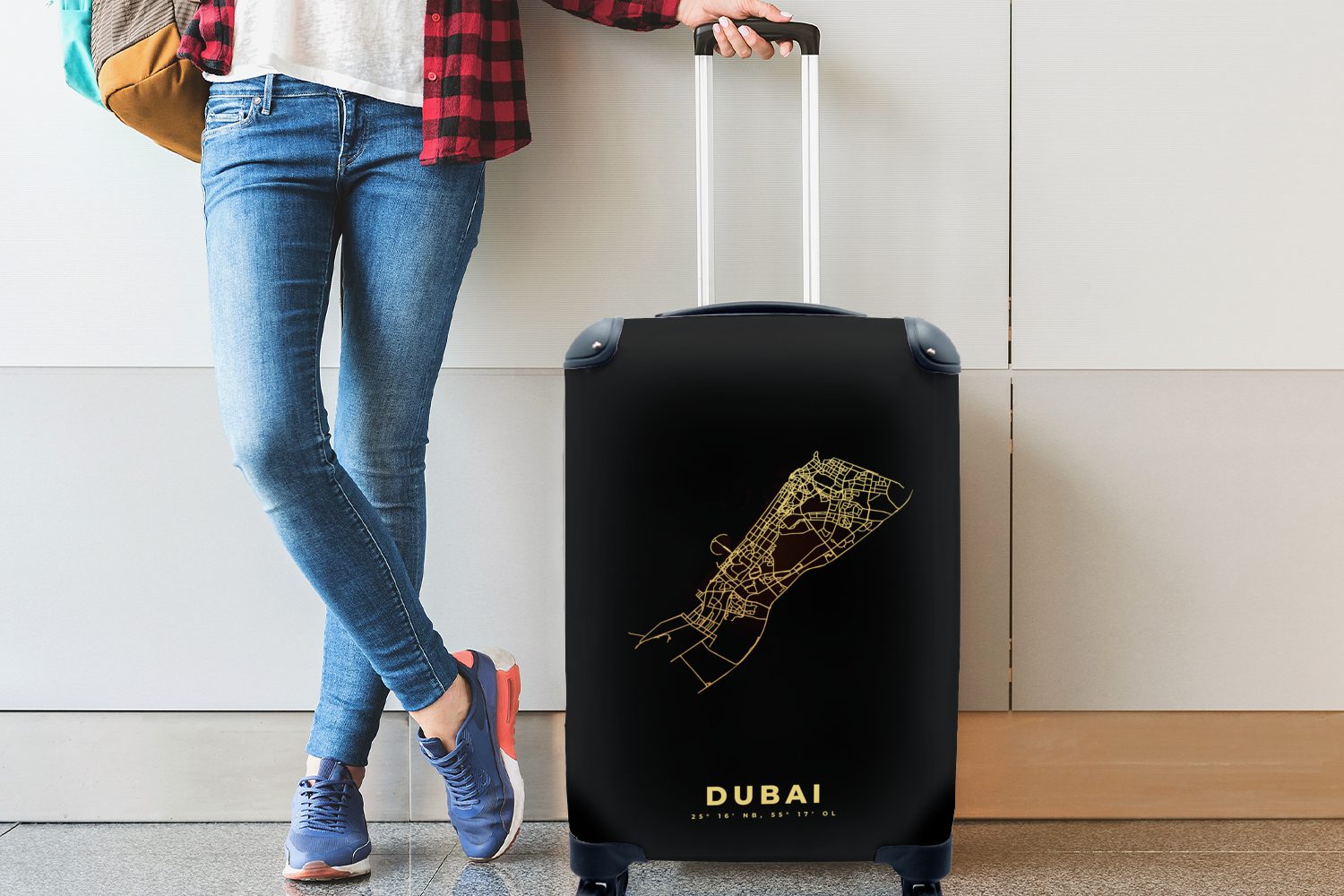 Ferien, Reisetasche Handgepäck - - Trolley, Dubai MuchoWow Rollen, rollen, Stadtplan 4 und Gold, Handgepäckkoffer für Schwarz Reisekoffer mit
