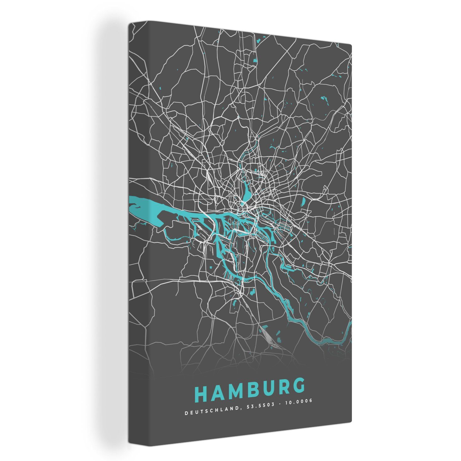 20x30 Blau, (1 - - - fertig Stadtplan Zackenaufhänger, Leinwandbild Leinwandbild Deutschland St), bespannt OneMillionCanvasses® inkl. Karte cm - Gemälde, Hamburg