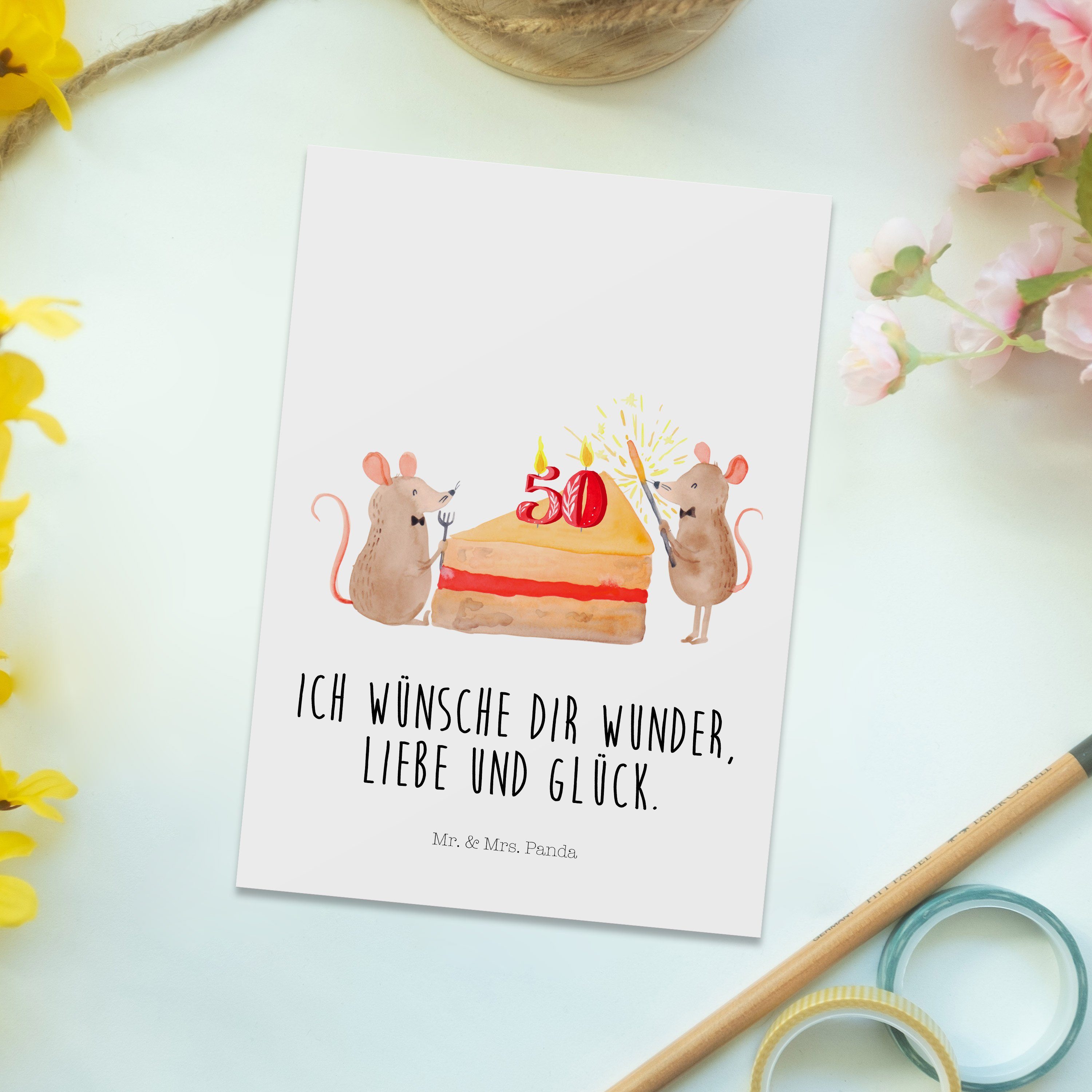 Mr. & Mrs. Panda Postkarte 50. Geburtstag Mäuse Kuchen - Weiß - Geschenk, Grußkarte, Kuchenstück