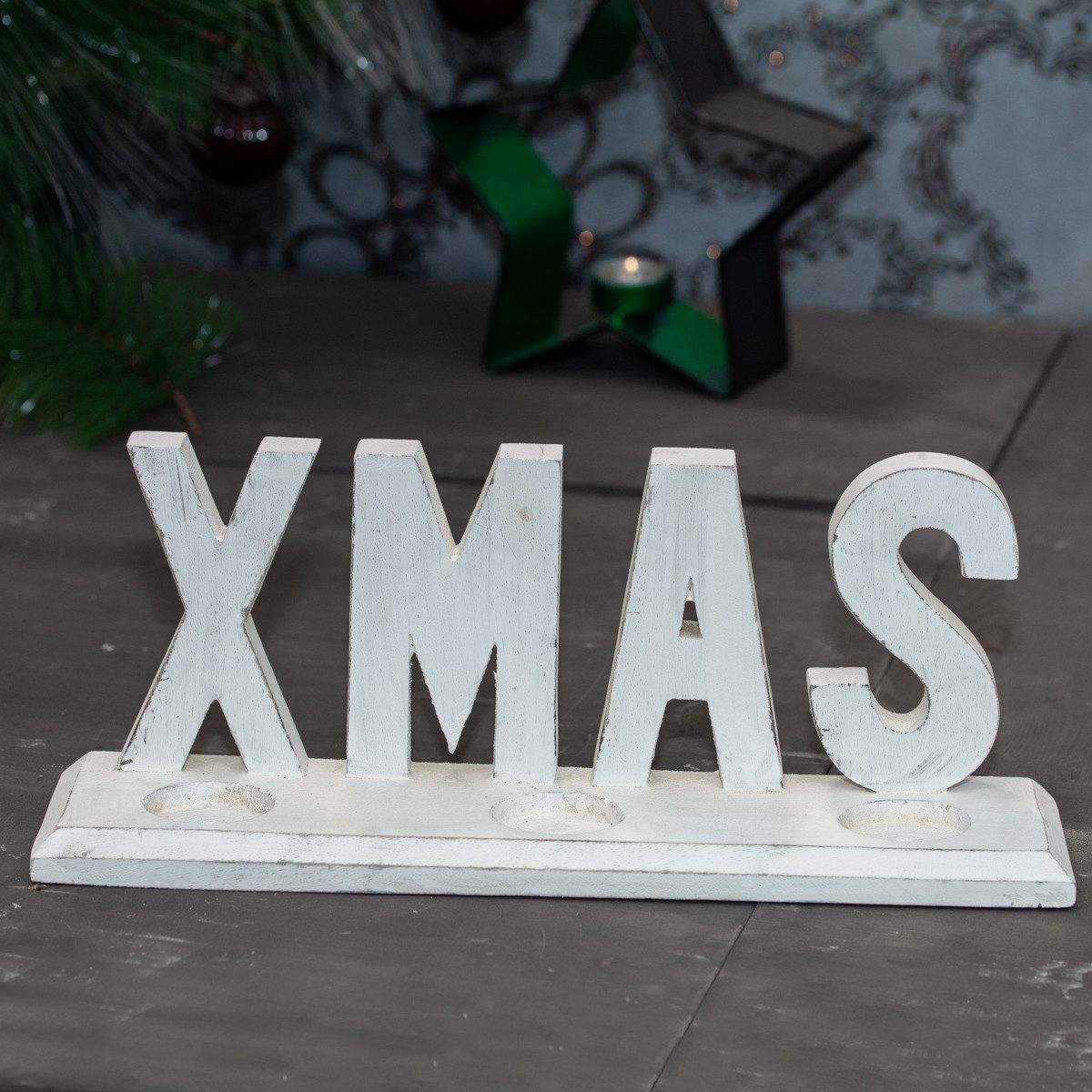 Weihnachtsfigur Skulptur, Weihnachtsschrift "XMAS" für Fensterbrett, Tischdeko zu