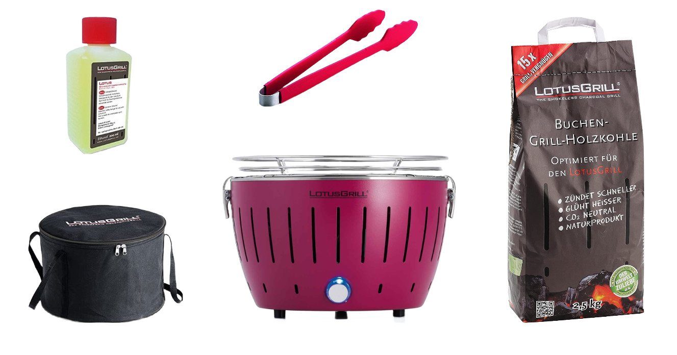 LotusGrill Holzkohlegrill LotusGrill S Small Kompakt Starter-Set Pflaumenlila Holzkohlegrill 5tl