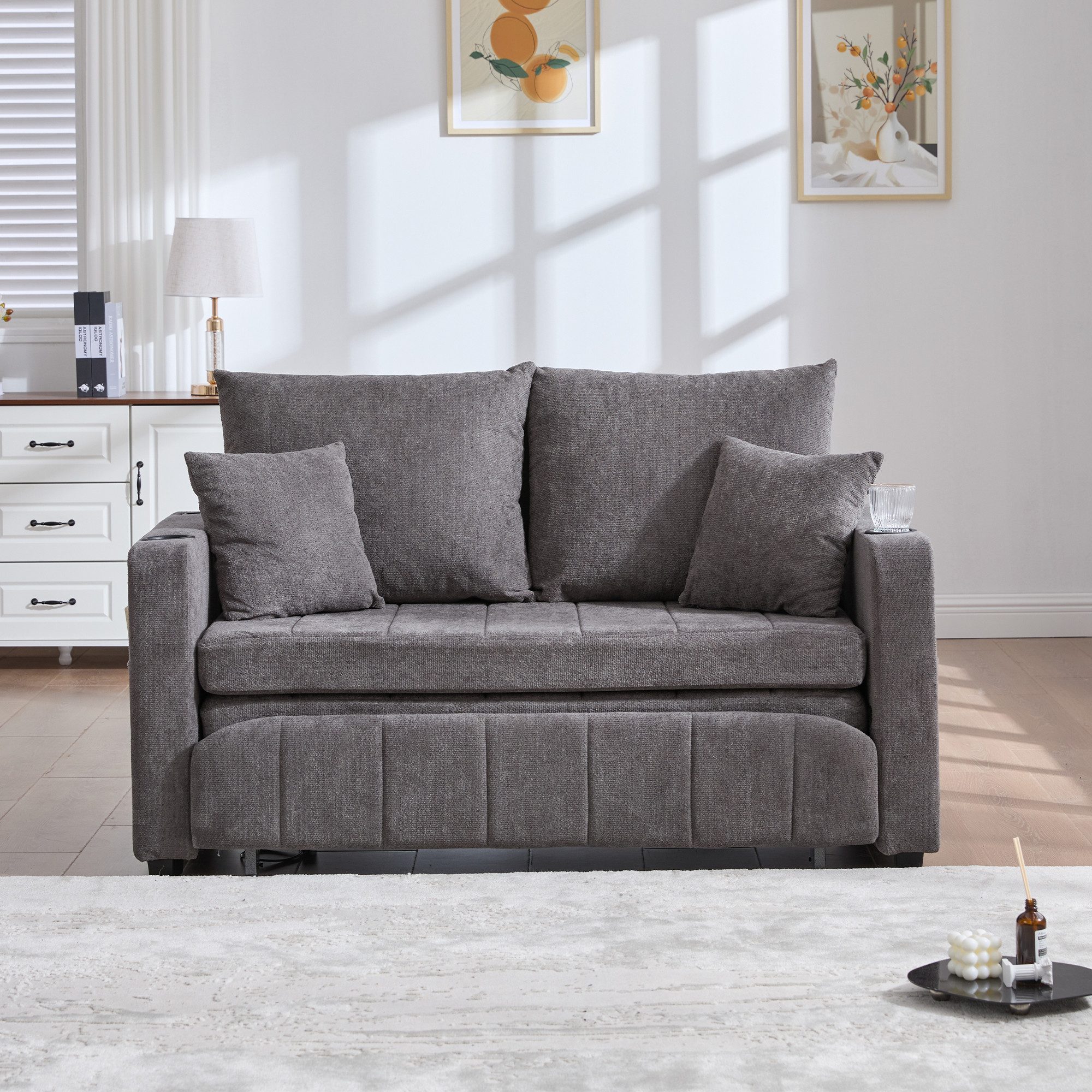 Totnz Schlafsofa 2-in-1 mit Bettfunktion, platzsparend für kleine Räume, inkl. 4 Kissen, Seitentasche, komfortable Polsterung aus Schaumstoff, für Wohnzimmer und Gästezimmer