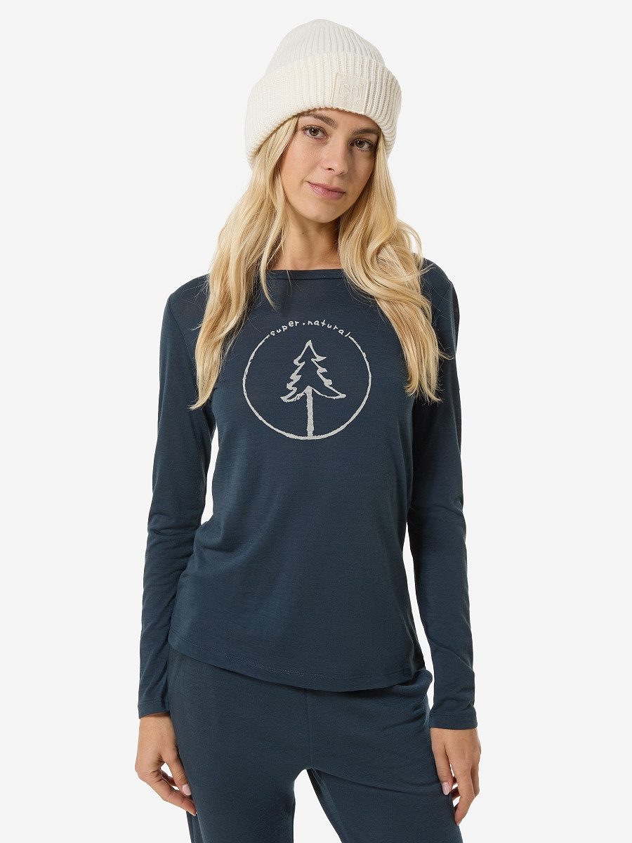 SUPER.NATURAL Langarmshirt für Damen, Merino W BUBBLE TREE LS mit Natur-Motiv, atmungsaktiv