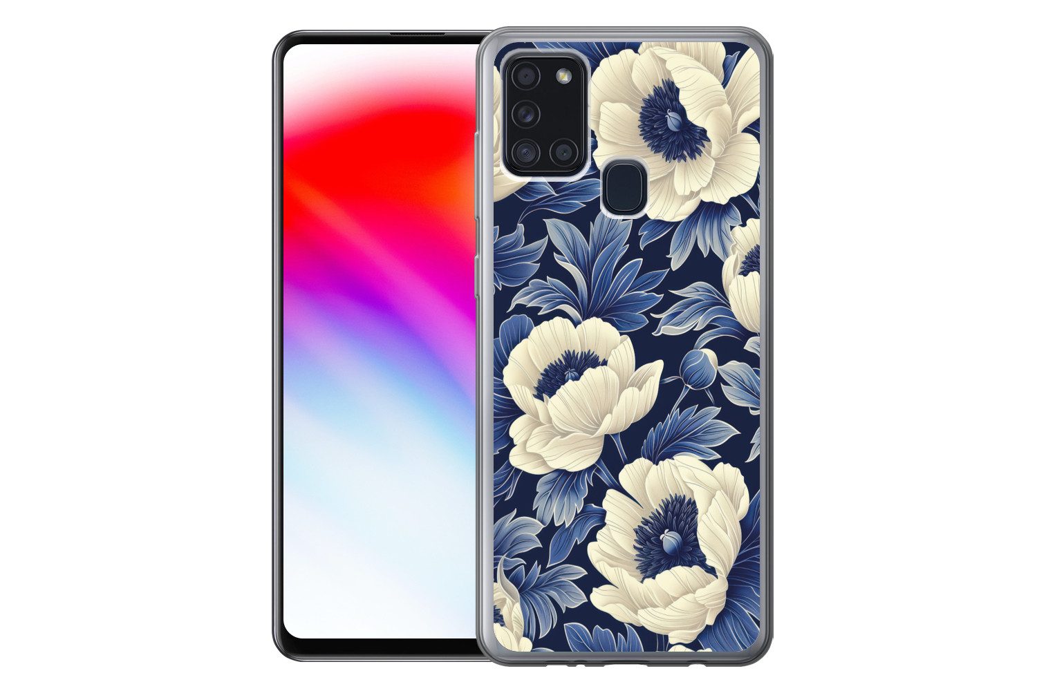 MuchoWow Handyhülle für Samsung Galaxy A21s Blumen - Muster - Blau - Weiß, Smartphone-Bumper, Print, Handy Schutzhülle Dünn