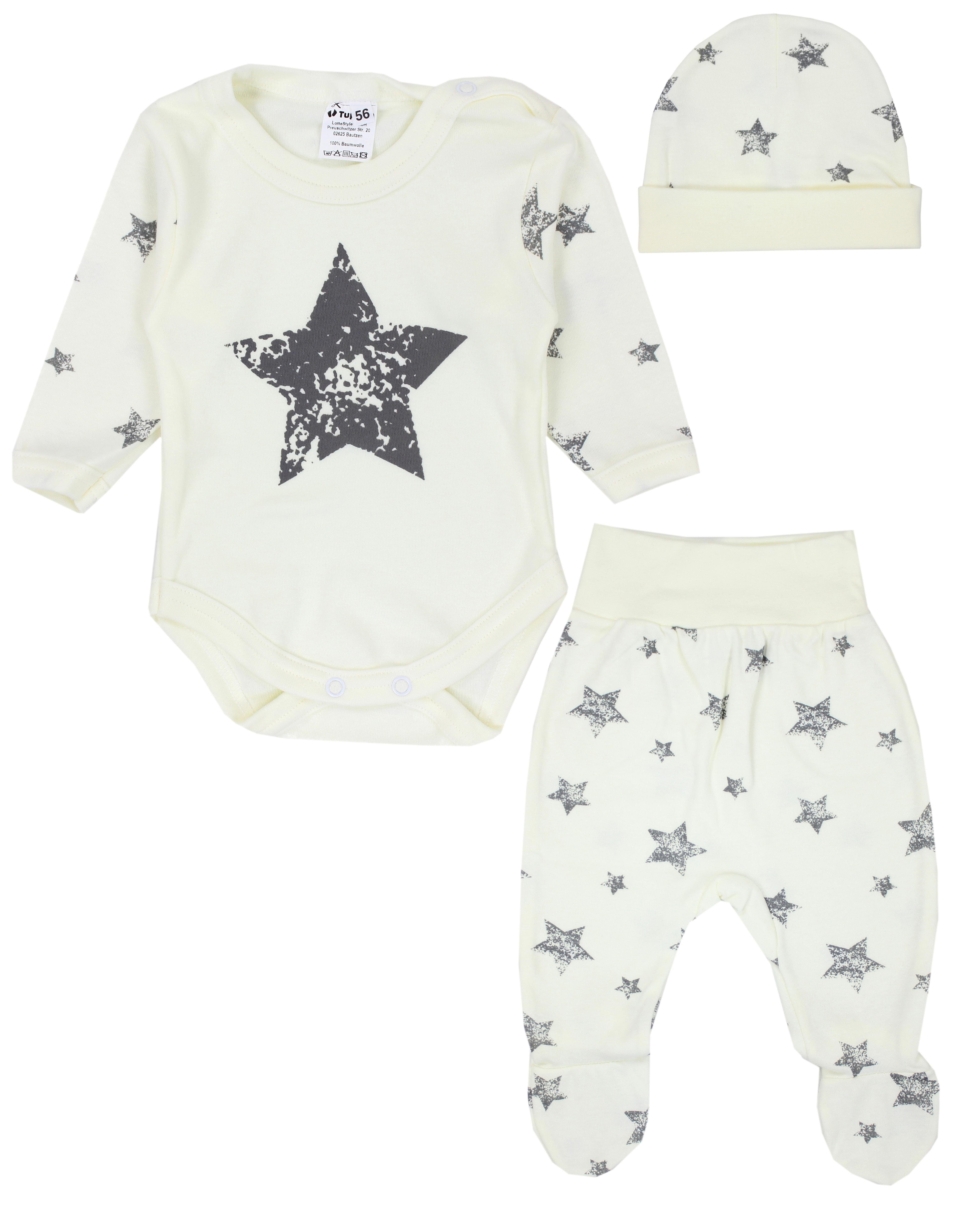 TupTam Erstausstattungspaket Baby Kleidung Set Body Strampelhose Mütze Bekleidungsset Graue Sterne Ecru
