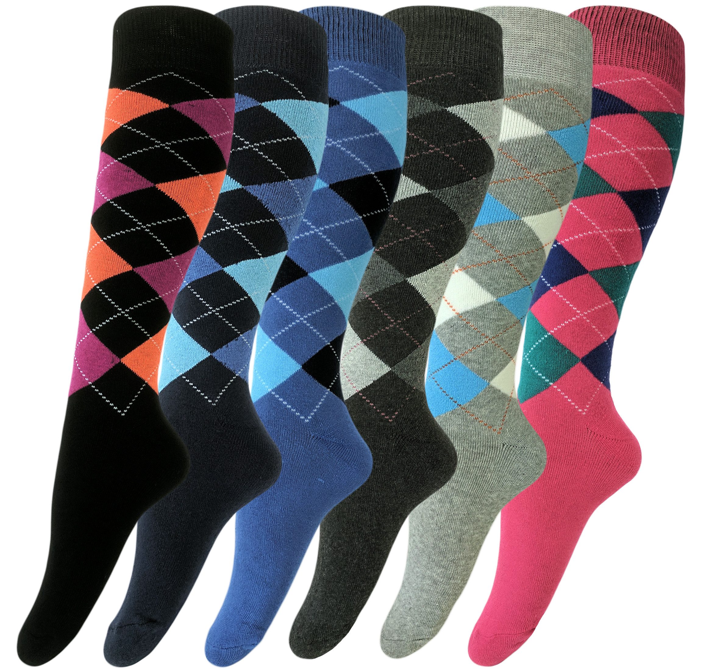 Sockenhimmel Kniestrümpfe 6 Paar warme Damen Kniestrümpfe mit buntem Karomu günstig online kaufen