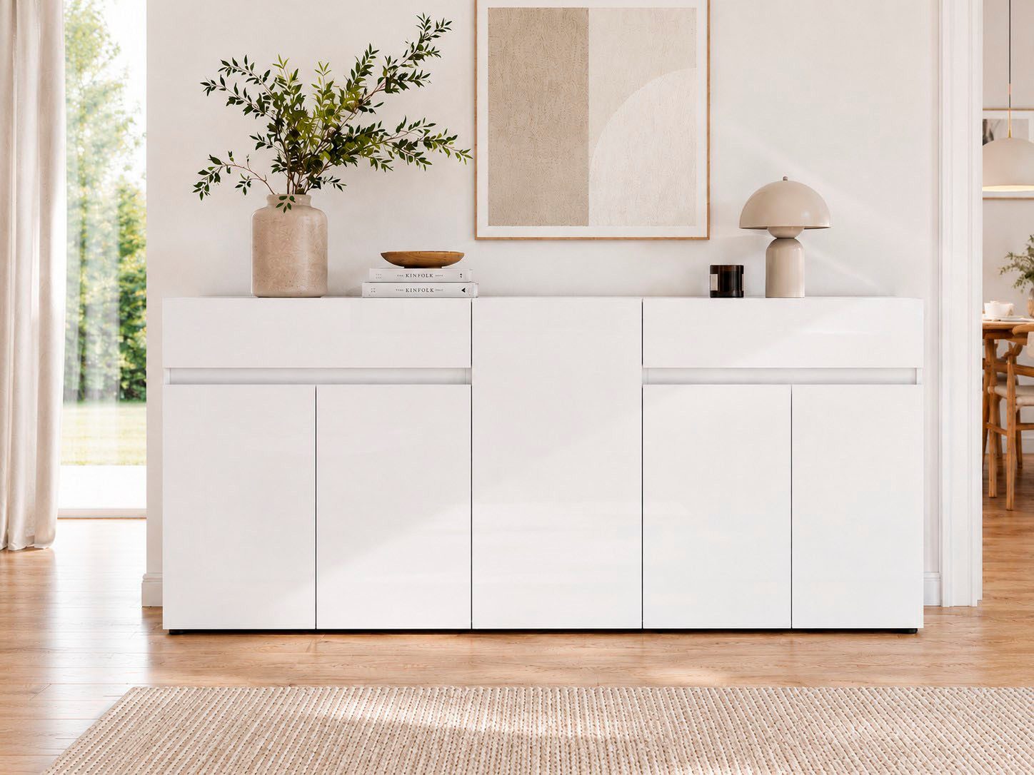 Home affaire Sideboard MISTER, Kommode, Schrank, Anrichte, Breite 225 cm, Made in Italy, 5 Türen, 2 Schubladen, Hochglanz lackiert, 225/80 cm