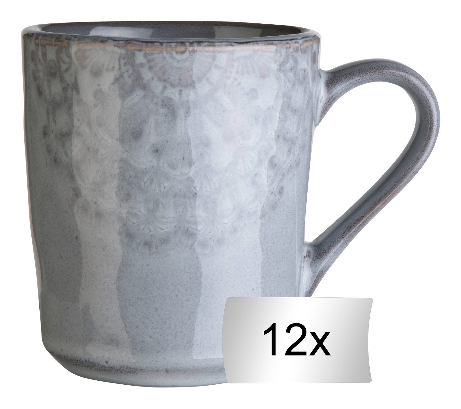 Home4You Tasse 12er Set, 355 ml, Grau, mit floraler Prägung, Steingut, Glasiert, Spülmaschinengeeignet