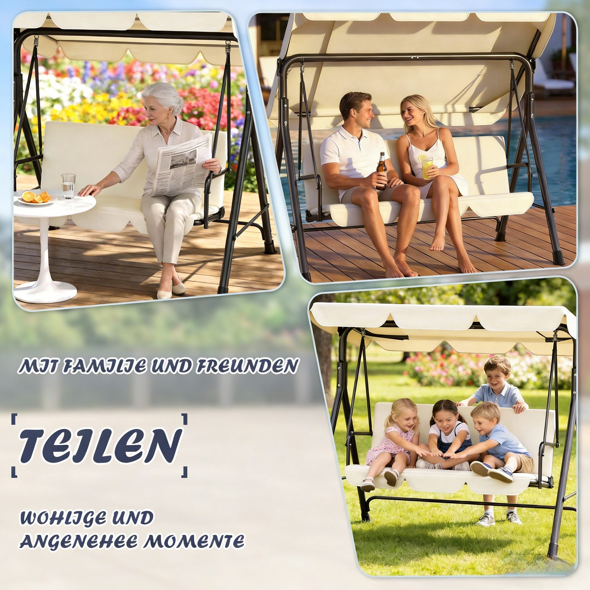 Huracan Hollywoodschaukel Schaukelbank mit Verstellbarem Sonnendach, 3-Sitzer, 175.5*110*152cm, bis 200 kg Tragfähigkeit, Ideal für Garten & Balkon