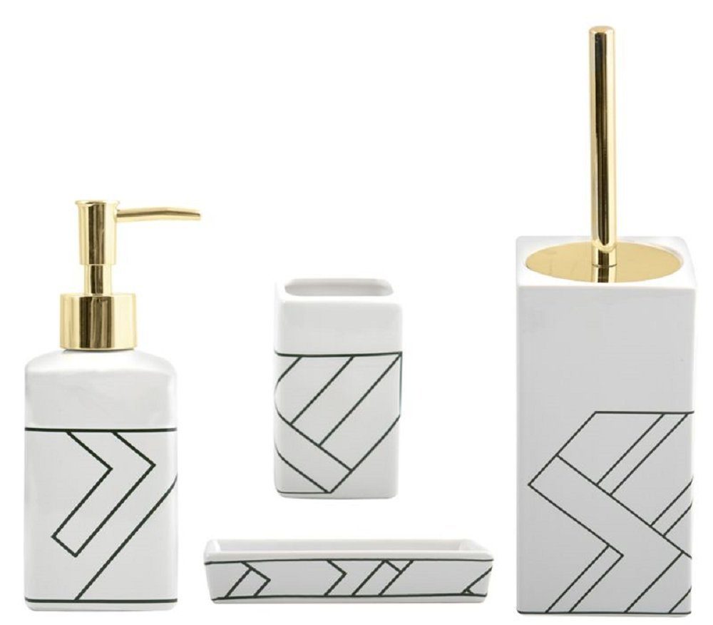 MSV Badaccessoires-Sets MONOLITHIC, Komplett-Set, 4 tlg., Zubehör-Set aus hochwertiger Keramik, weiß-gold glänzend, 4 tlg., bestehend aus: WC-Bürste, Seifenspender, Zahnputzbecher, Seifenschale, stylish abstraktes Design