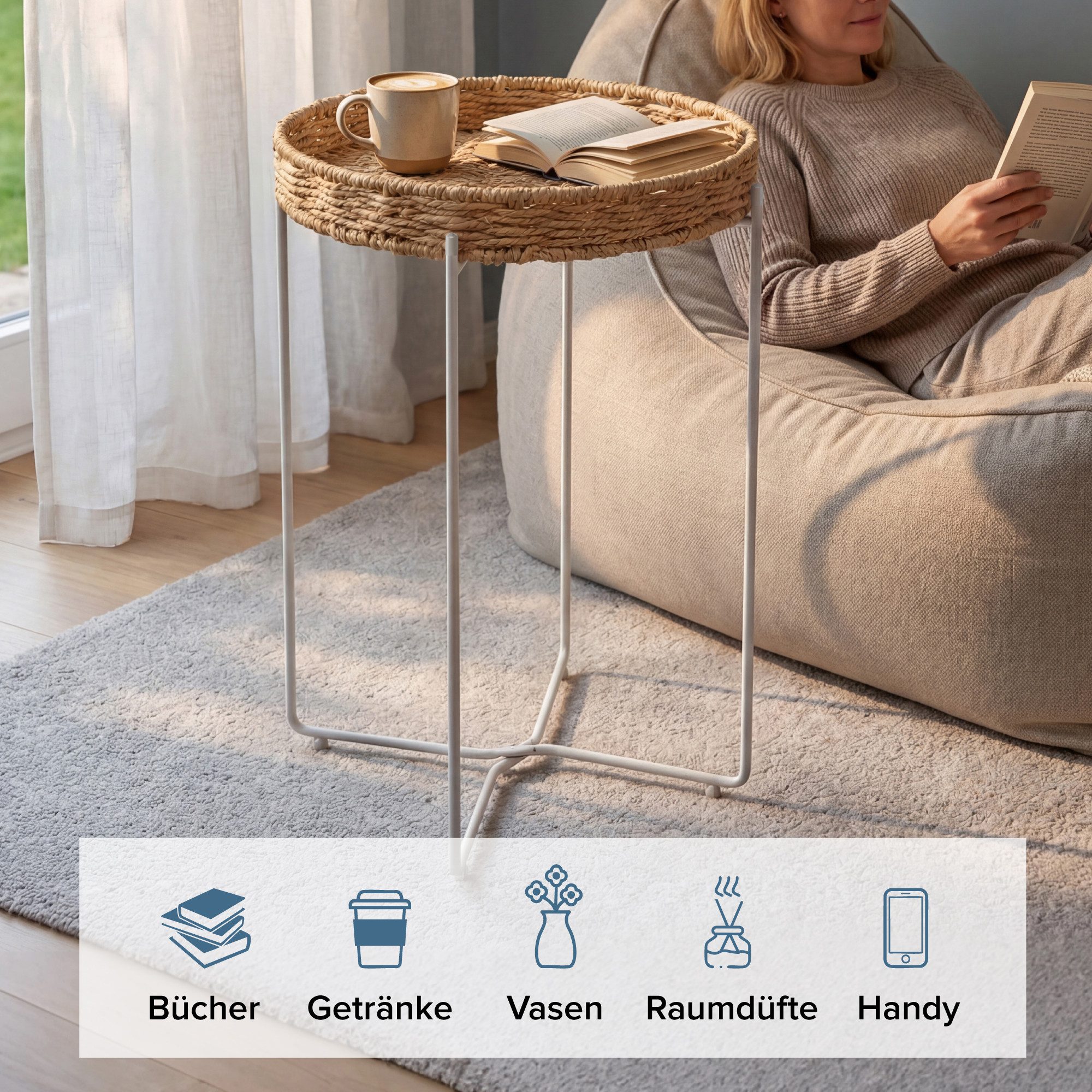 doporro Beistelltisch Couchtisch kleiner Tisch mit 1/2 geflochtenen Ablagen rund Reglo-08, Zwei Materialien zur Auswahl – Bild 4 von 5