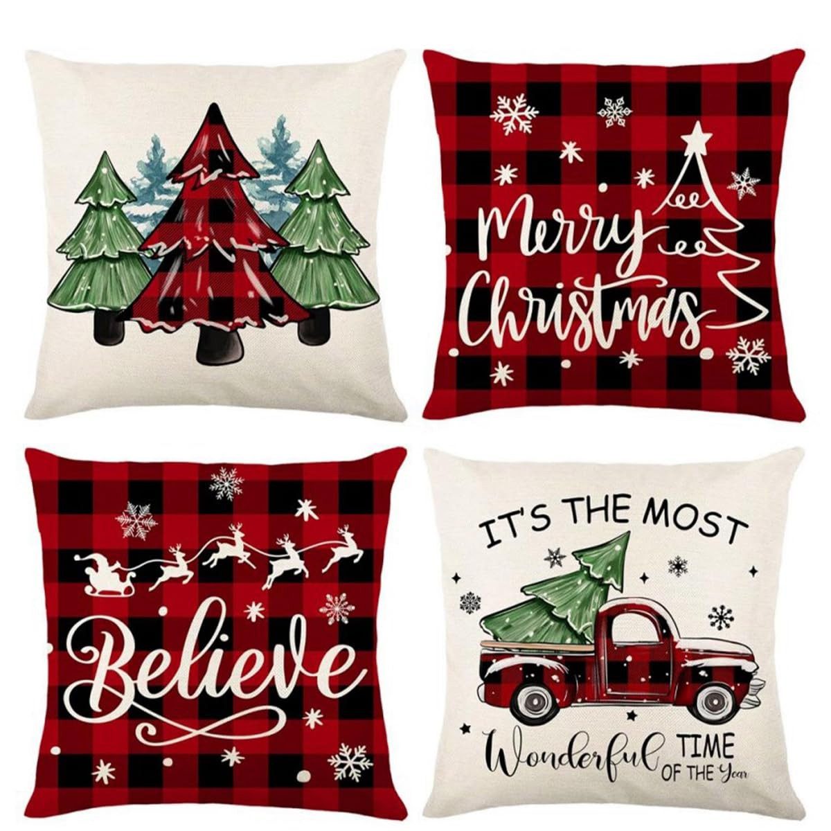 Coonoor Kissenbezug 4er Set Weihnachtskissenbezüge, Weihnachtsbaum und Schneeflocken Kissenbezüge