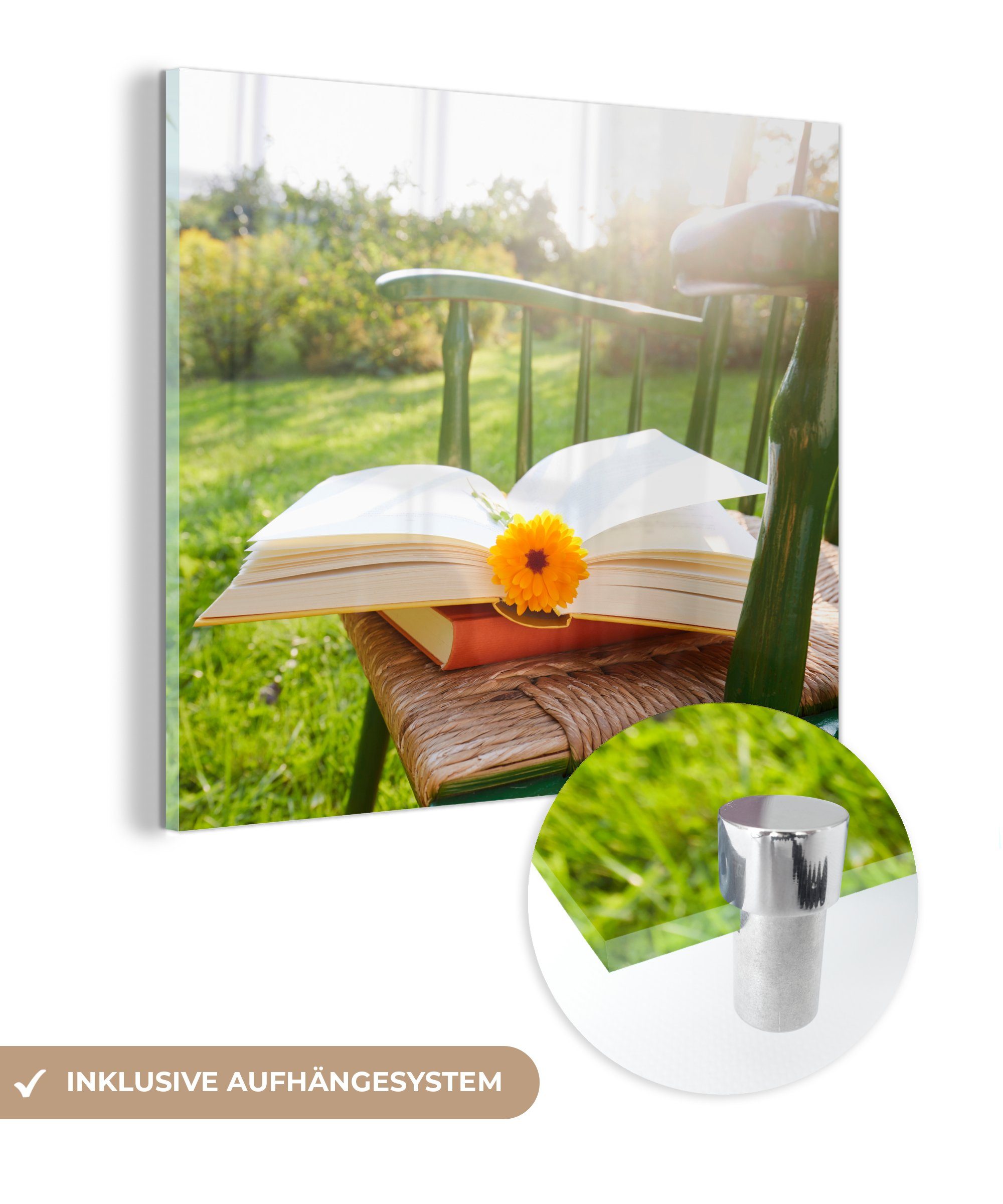 MuchoWow Acrylglasbild Stuhl - Buch mit Glasbilder Wandbild auf Bilder auf St), Glas Wanddekoration - - Glas Foto Garten, im (1