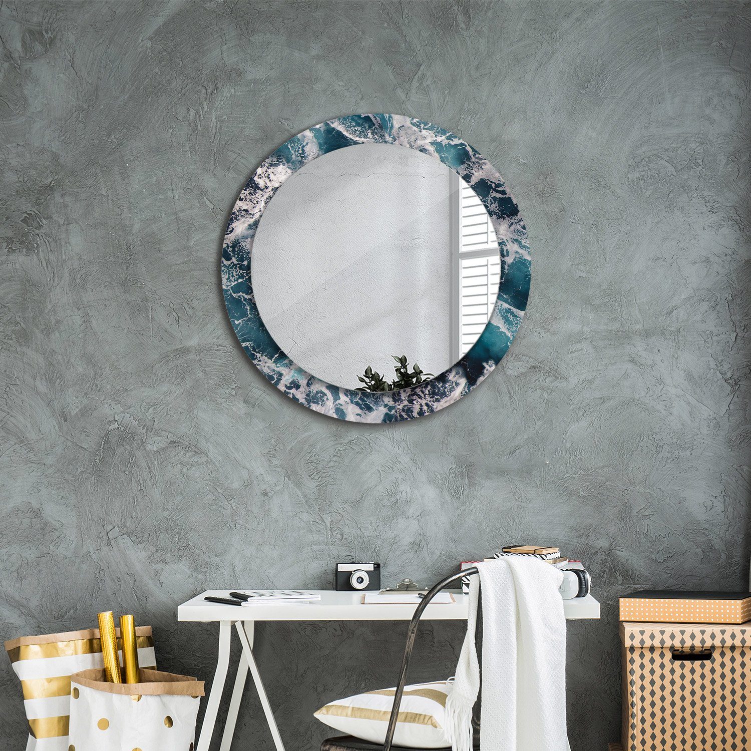 Tulup Dekospiegel mit Aufdruck Badezimmerspiegel Ø70 cm, Rundspiegel Rund: Wohnzimmer Meer Stürmisch Wandspiegel Spiegel